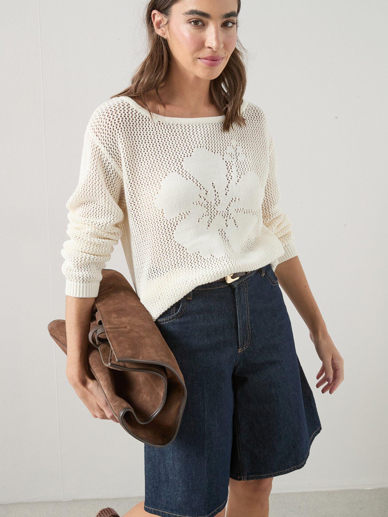 The Very Collection Cotton Rich Tropical Flower Crochet Long Sleeve Jumper - Cream
