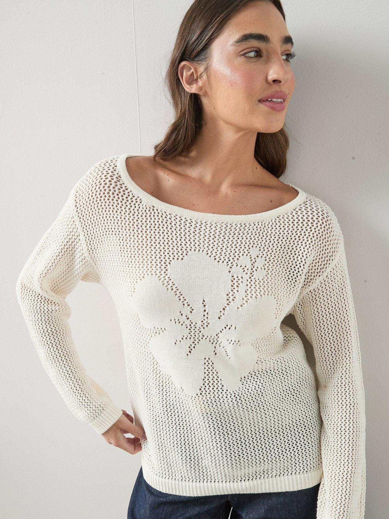 Image 4 of 7 of The Very Collection Cotton Rich Crochet Flower Long Sleeve Jumper - Cream