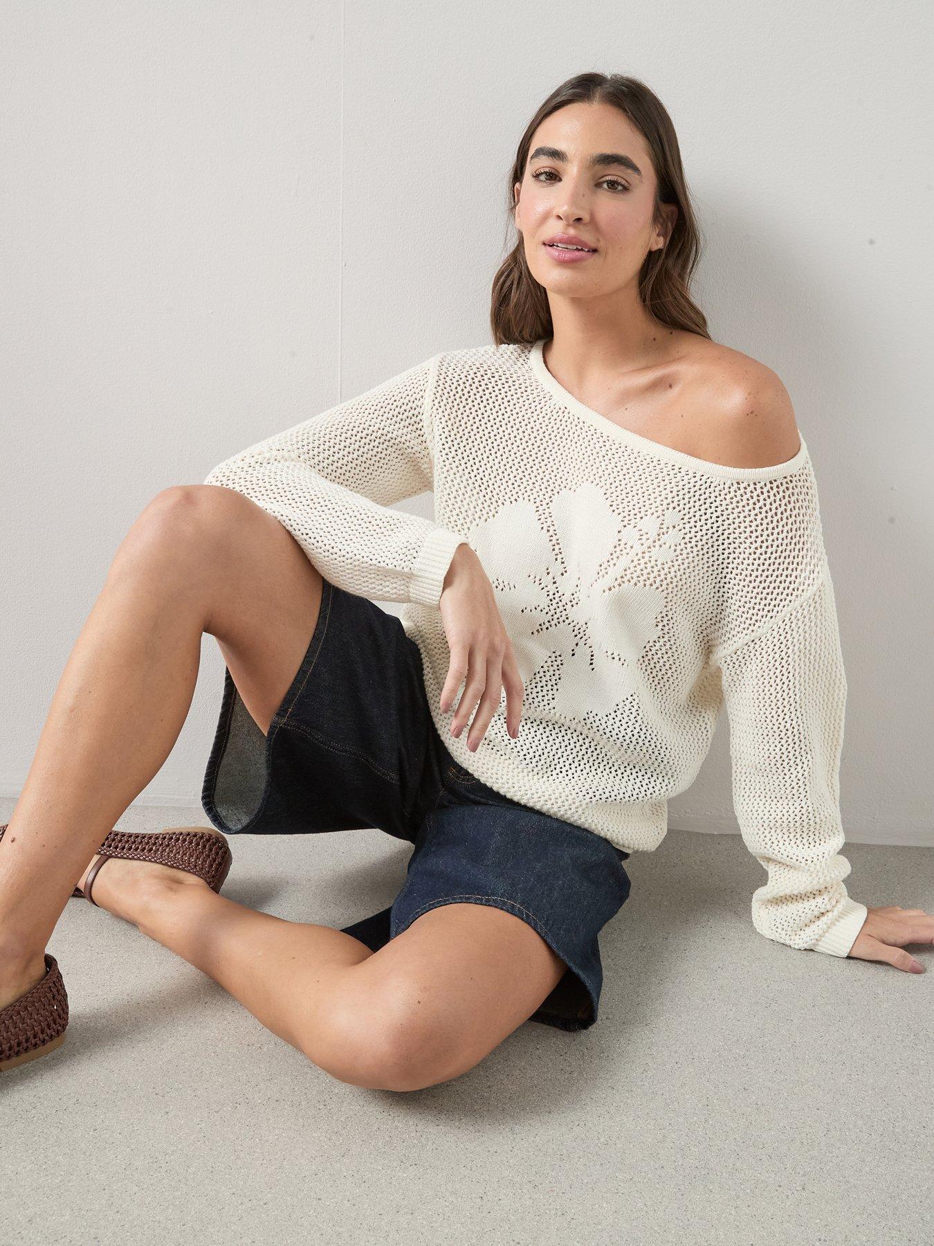Image 5 of 7 of The Very Collection Cotton Rich Crochet Flower Long Sleeve Jumper - Cream