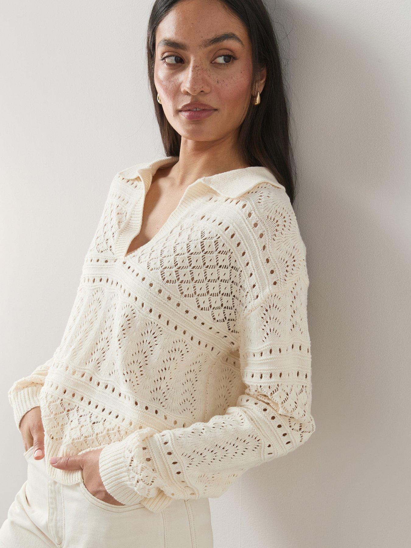 Image 1 of 7 of The Very Collection Cotton Rich Collared Neck Pointelle Jumper - Cream