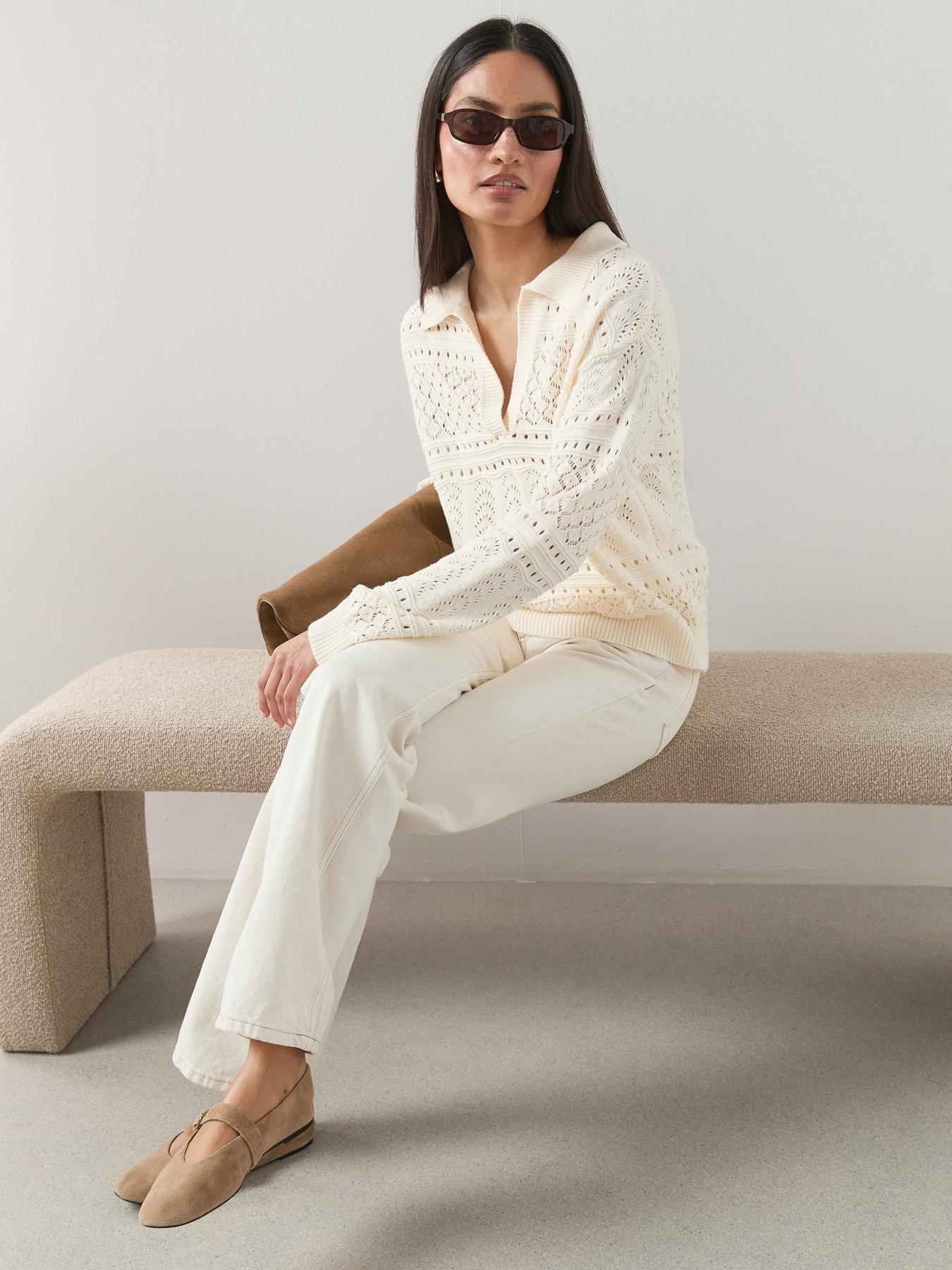Image 3 of 7 of The Very Collection Cotton Rich Collared Neck Pointelle Jumper - Cream