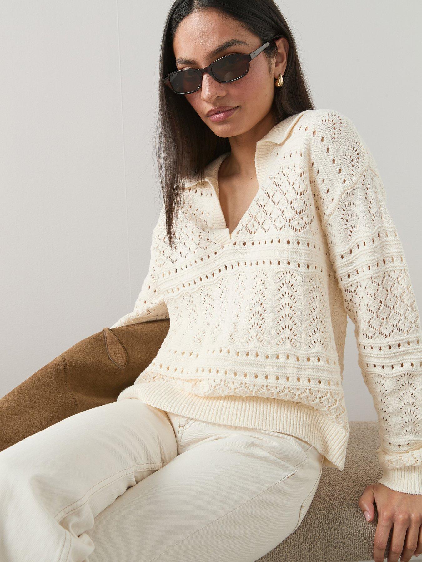 Image 4 of 7 of The Very Collection Cotton Rich Collared Neck Pointelle Jumper - Cream
