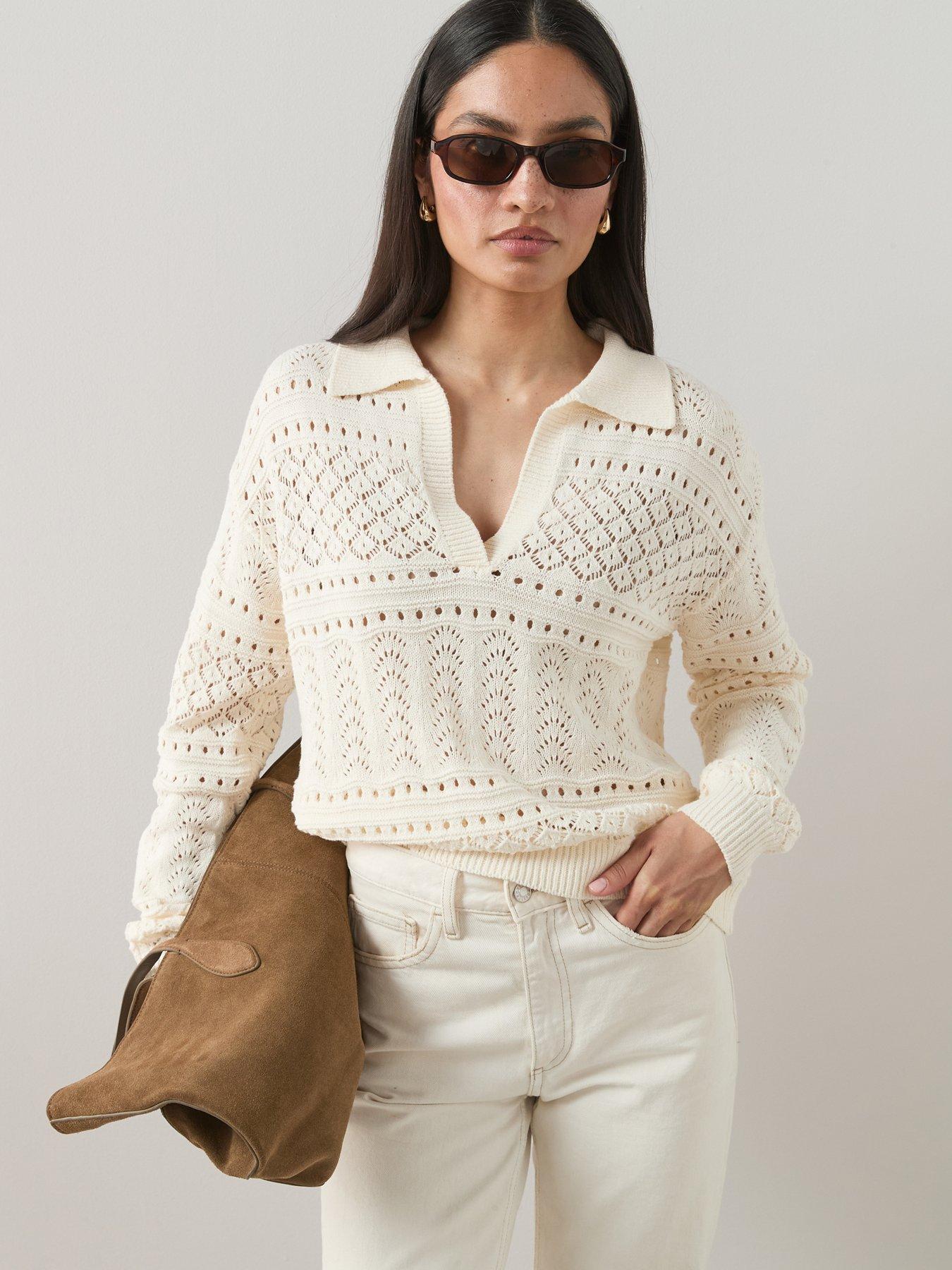 Image 5 of 7 of The Very Collection Cotton Rich Collared Neck Pointelle Jumper - Cream