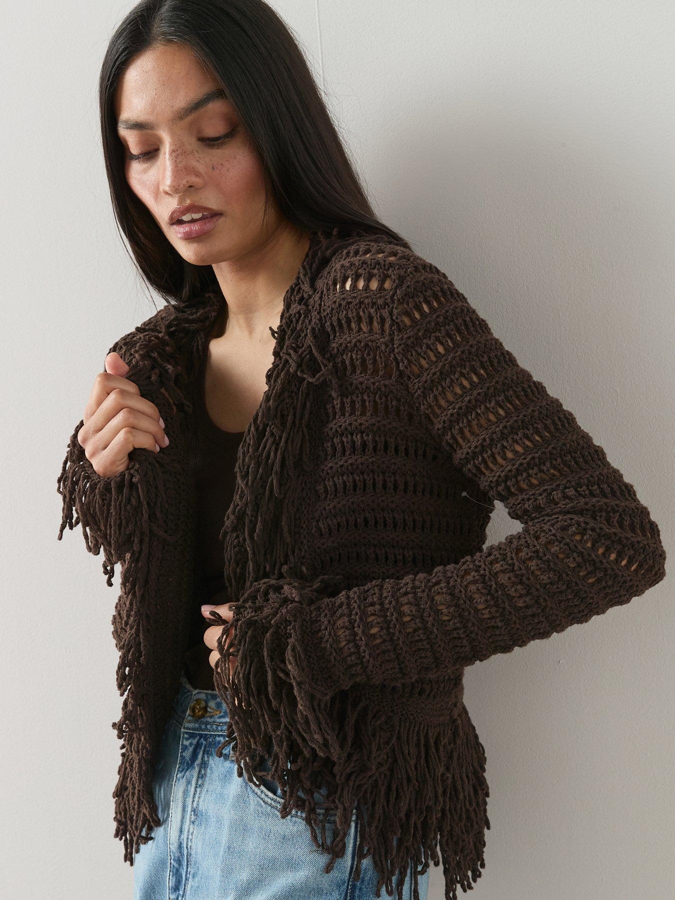 The Very Collection Cotton Rich Fringe Knitted Cardigan - Chocolate