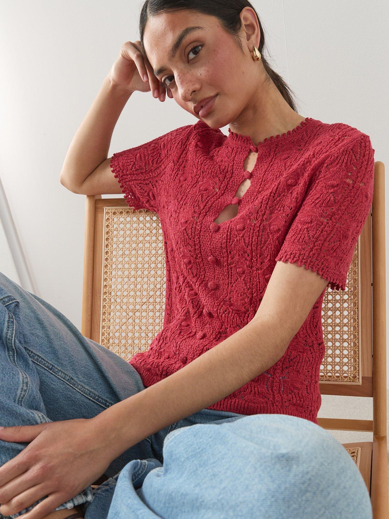 Image 4 of 7 of The Very Collection Stitch Detail Button Down Jumper - Red