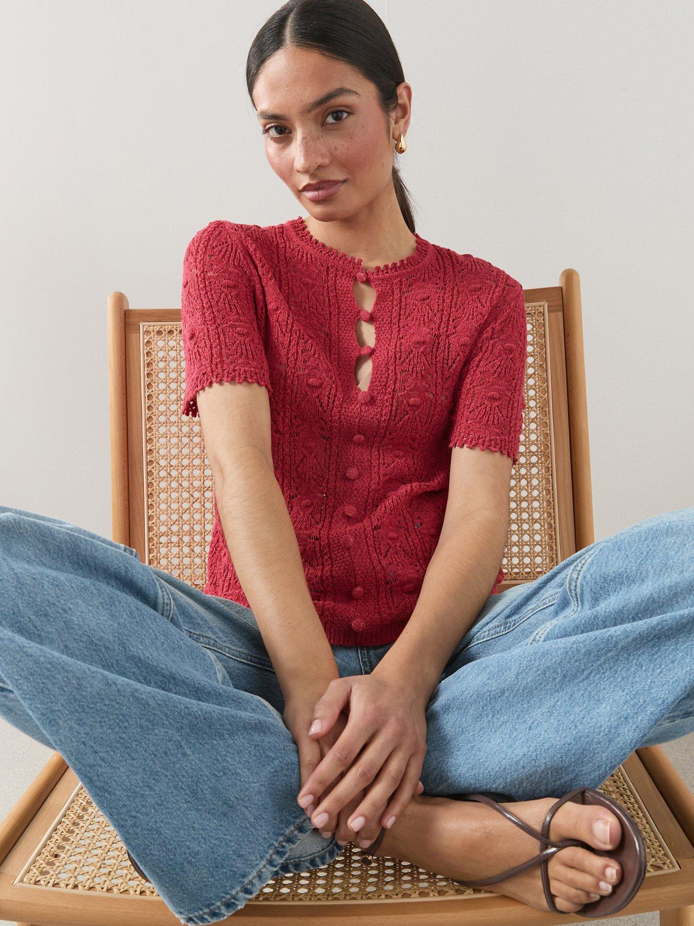 Image 6 of 7 of The Very Collection Stitch Detail Button Down Jumper - Red