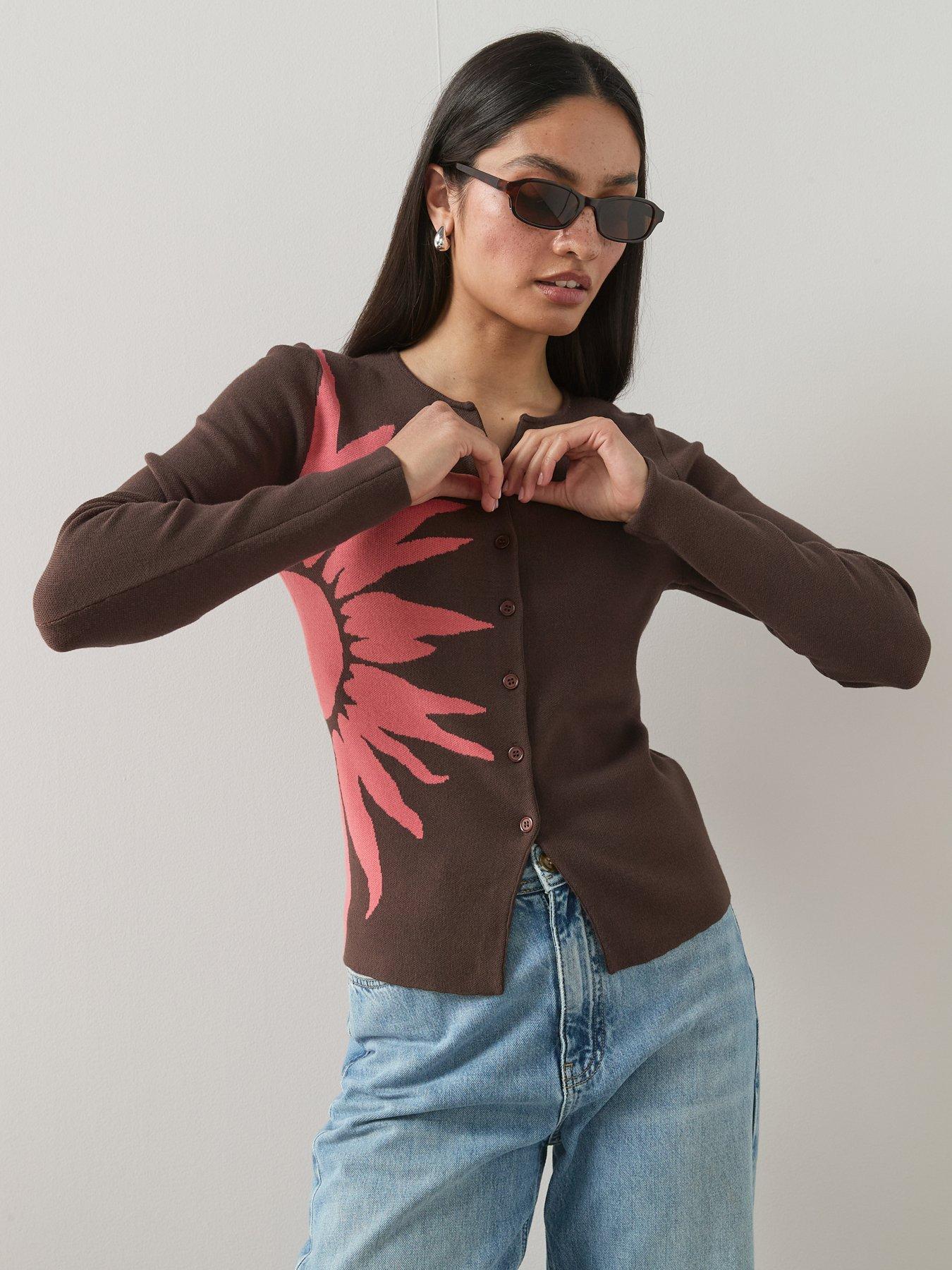 The Very Collection Crew Neck Flower Jacquard Cardigan - Chocolate / Pink