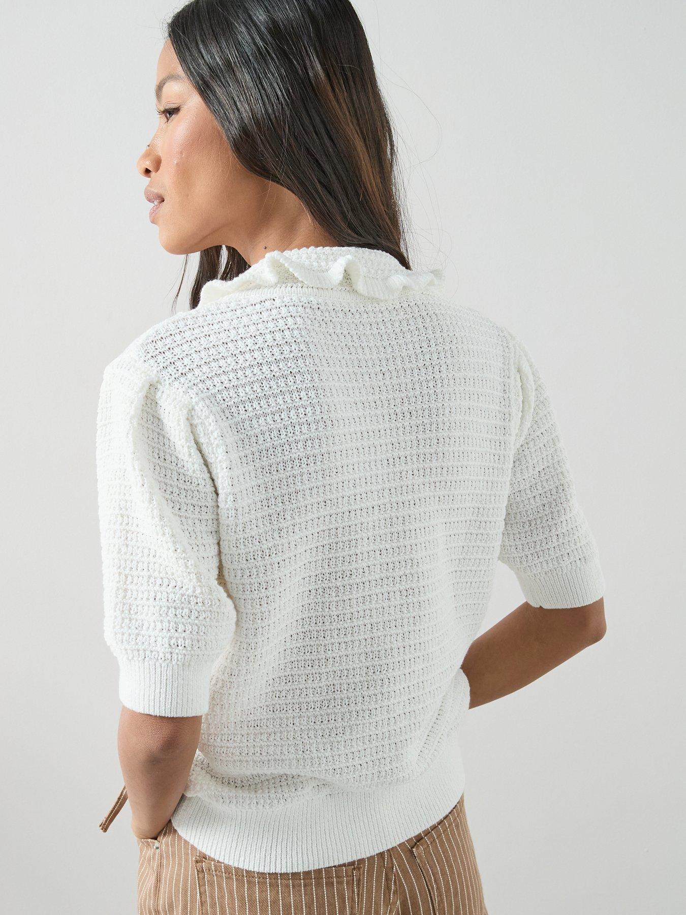 Image 2 of 7 of The Very Collection Frill Collar Short Sleeve Knitted Cardigan - Cream