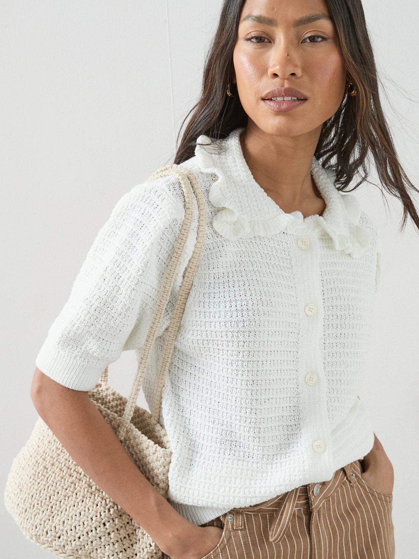 Image 4 of 7 of The Very Collection Frill Collar Short Sleeve Knitted Cardigan - Cream