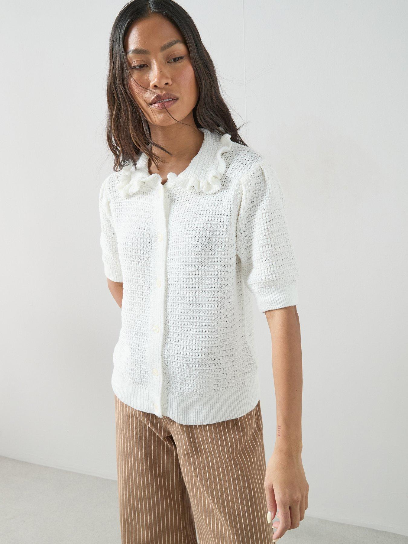 Image 5 of 7 of The Very Collection Frill Collar Short Sleeve Knitted Cardigan - Cream