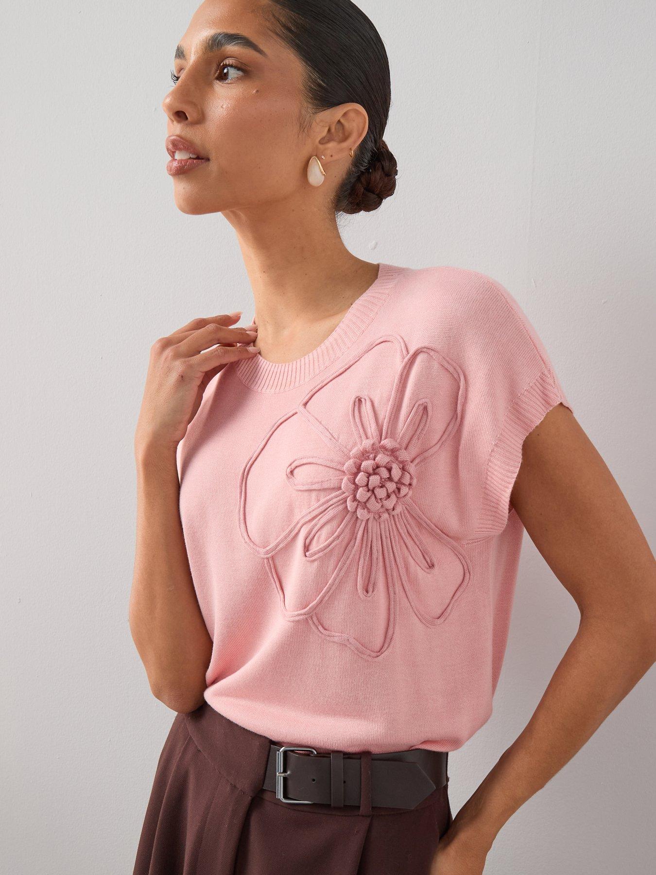 The Very Collection Cap Sleeve 3D Tape Floral Knitted Top - Pink