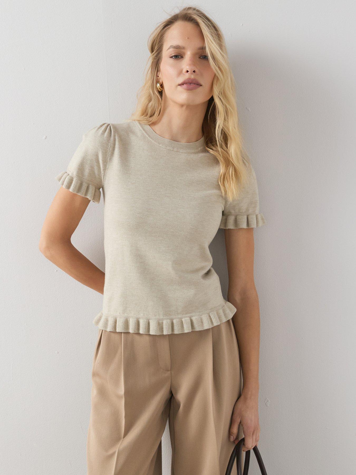The Very Collection Crew Neck Frill Edge Knitted Jumper - Stone