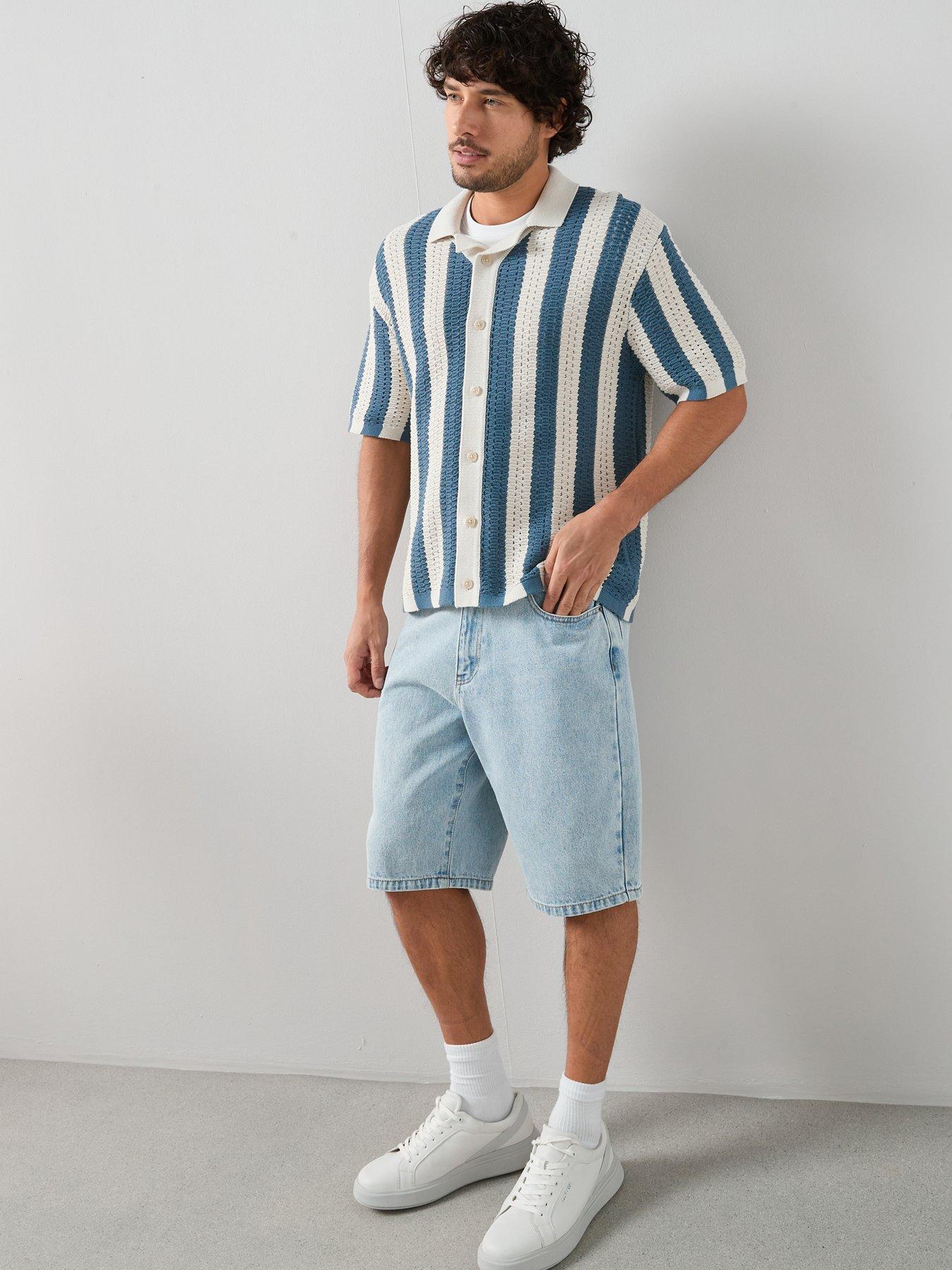 The Very Collection Crochet Stripe Button Through Shirt - Ecru/Blue
