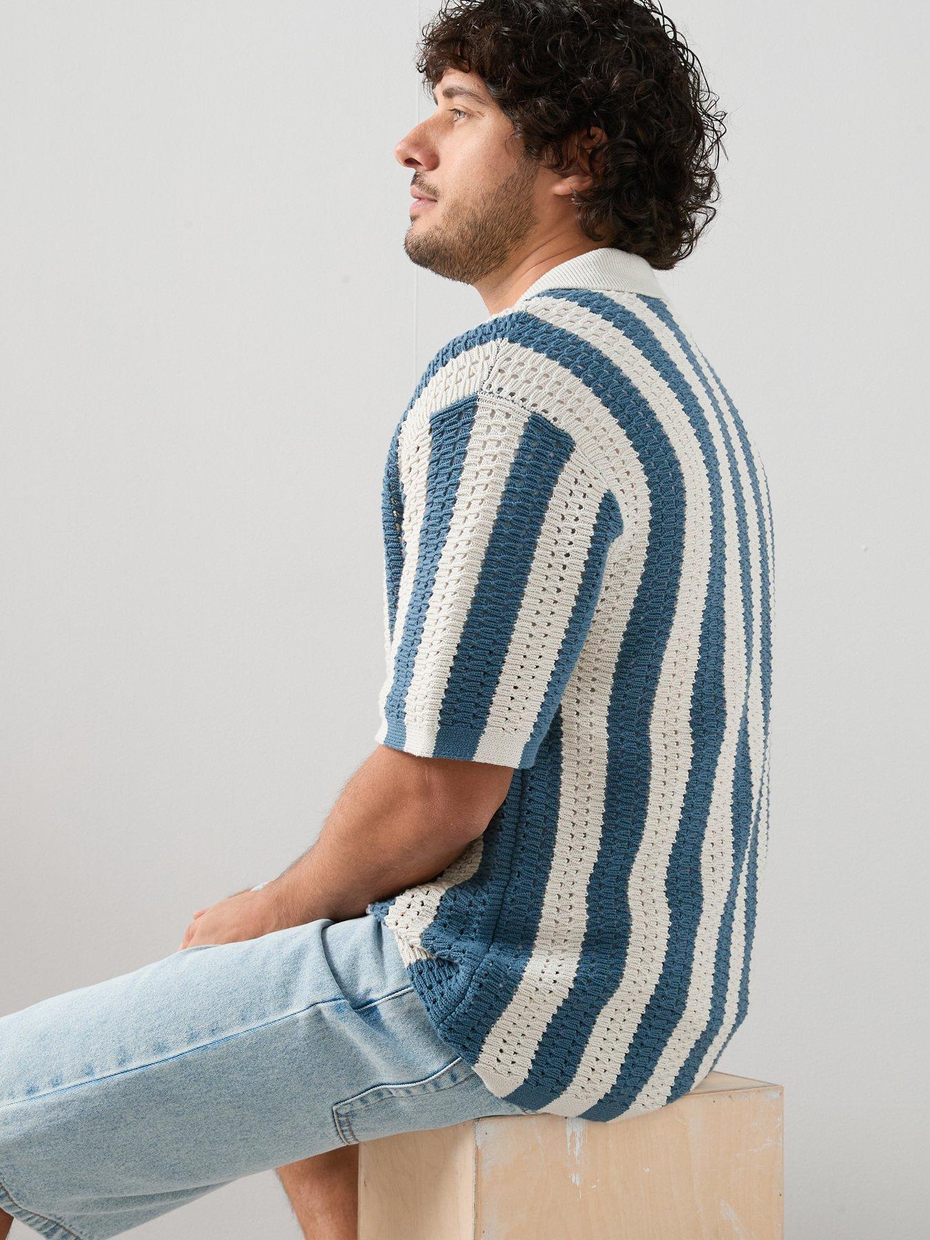 Image 2 of 7 of The Very Collection Crochet Stripe Button Through Shirt - Ecru