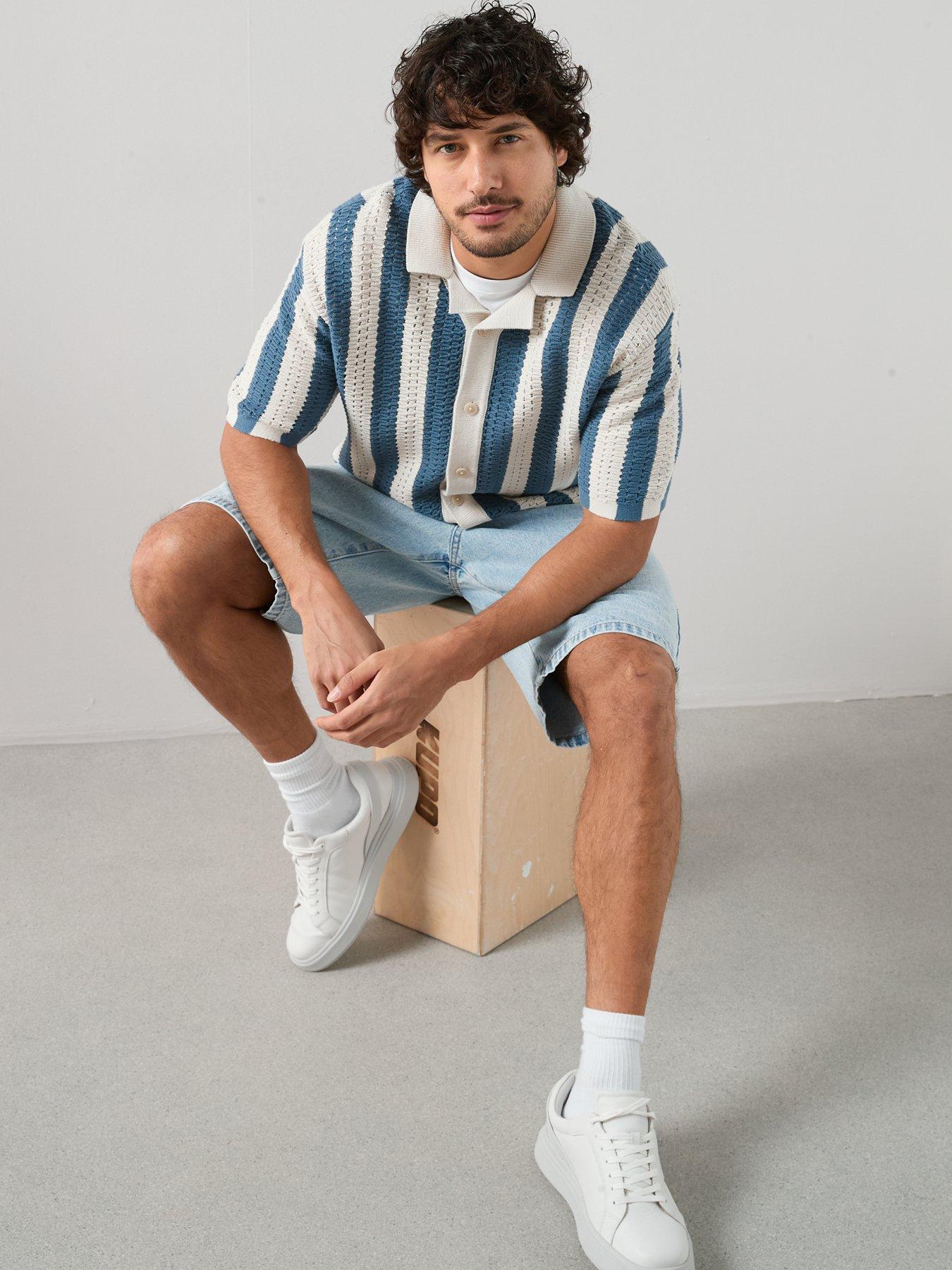 Image 3 of 7 of The Very Collection Crochet Stripe Button Through Shirt - Ecru