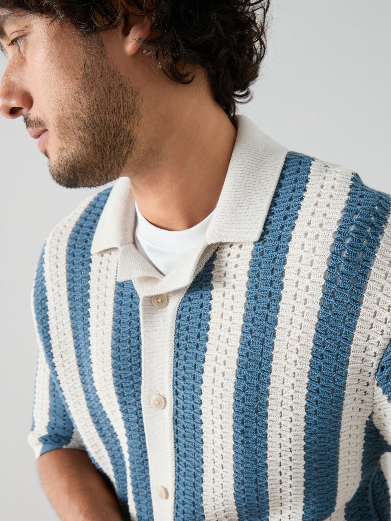 Image 4 of 7 of The Very Collection Crochet Stripe Button Through Shirt - Ecru