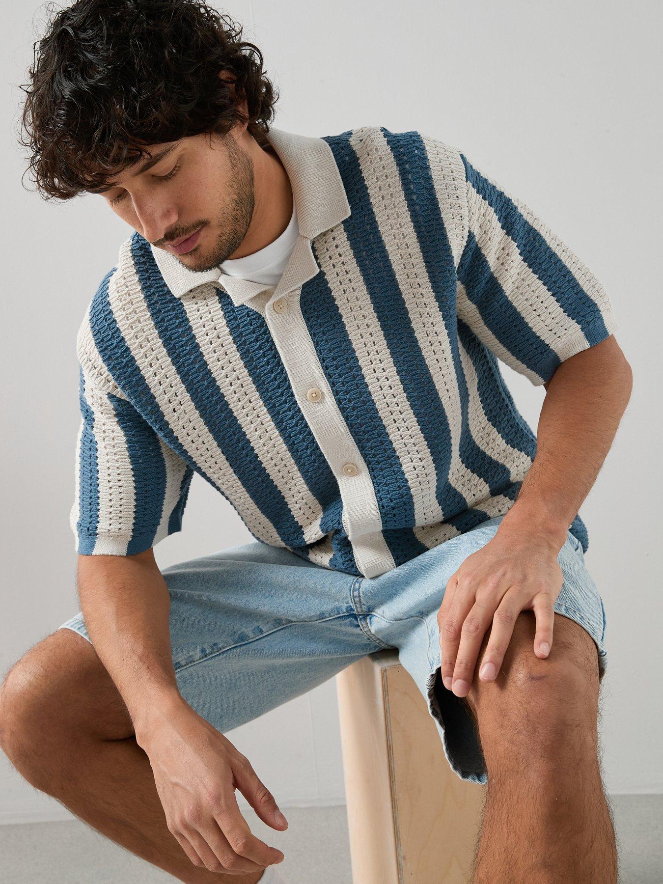 Image 6 of 7 of The Very Collection Crochet Stripe Button Through Shirt - Ecru
