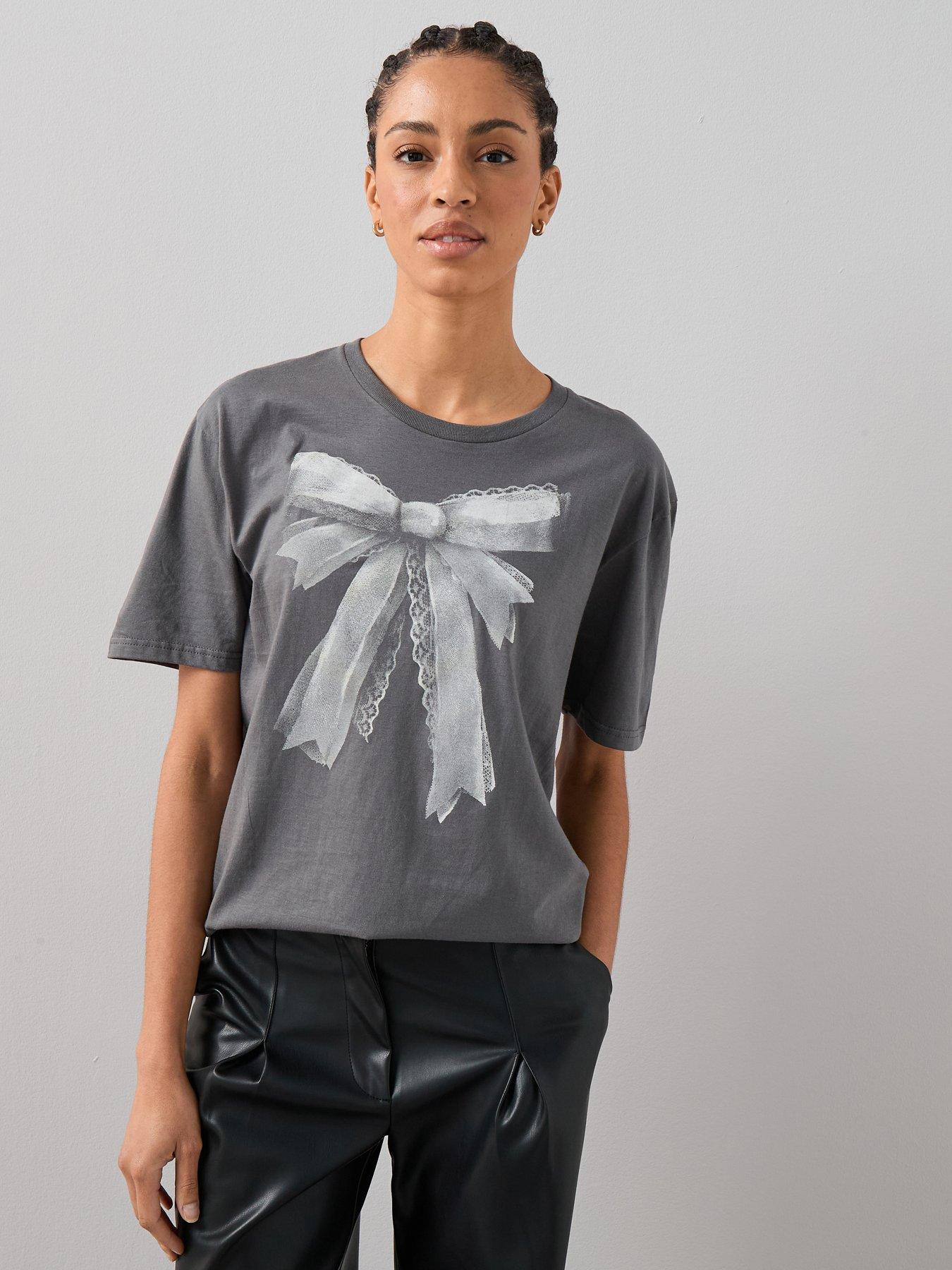 The Very Collection Bow  &  Lace Print Oversized Graphic T-shirt - Grey
