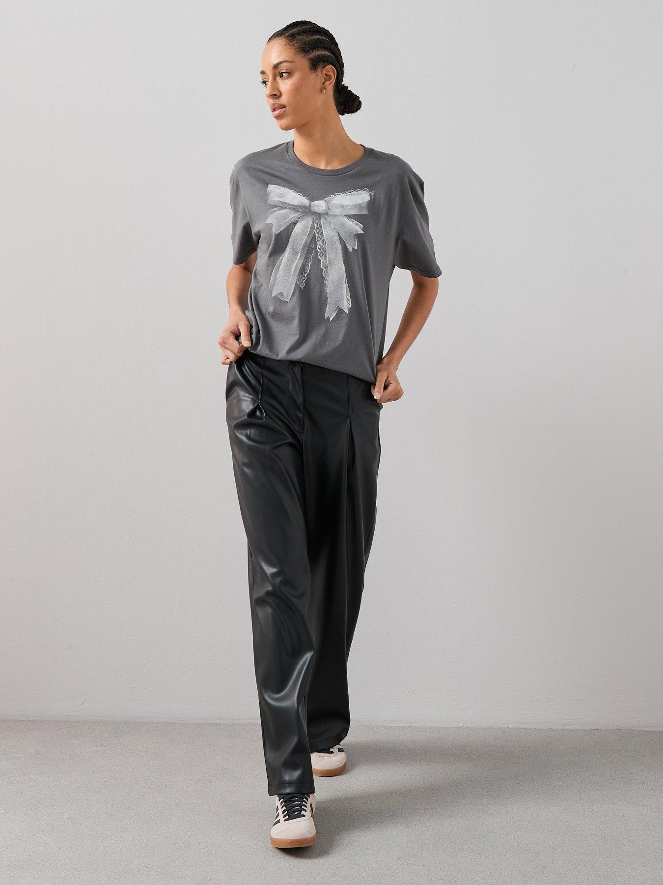 Image 6 of 6 of The Very Collection Bow &amp; Lace Print Oversized Graphic T-shirt - Grey
