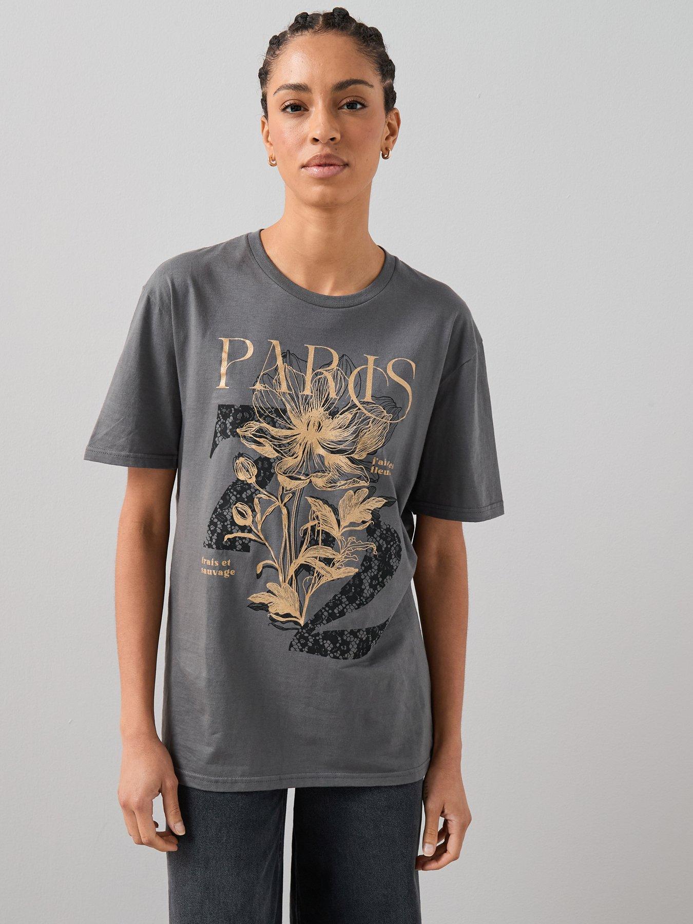 Image 1 of 6 of The Very Collection Paris Lace Print Oversized Graphic T-shirt - Grey