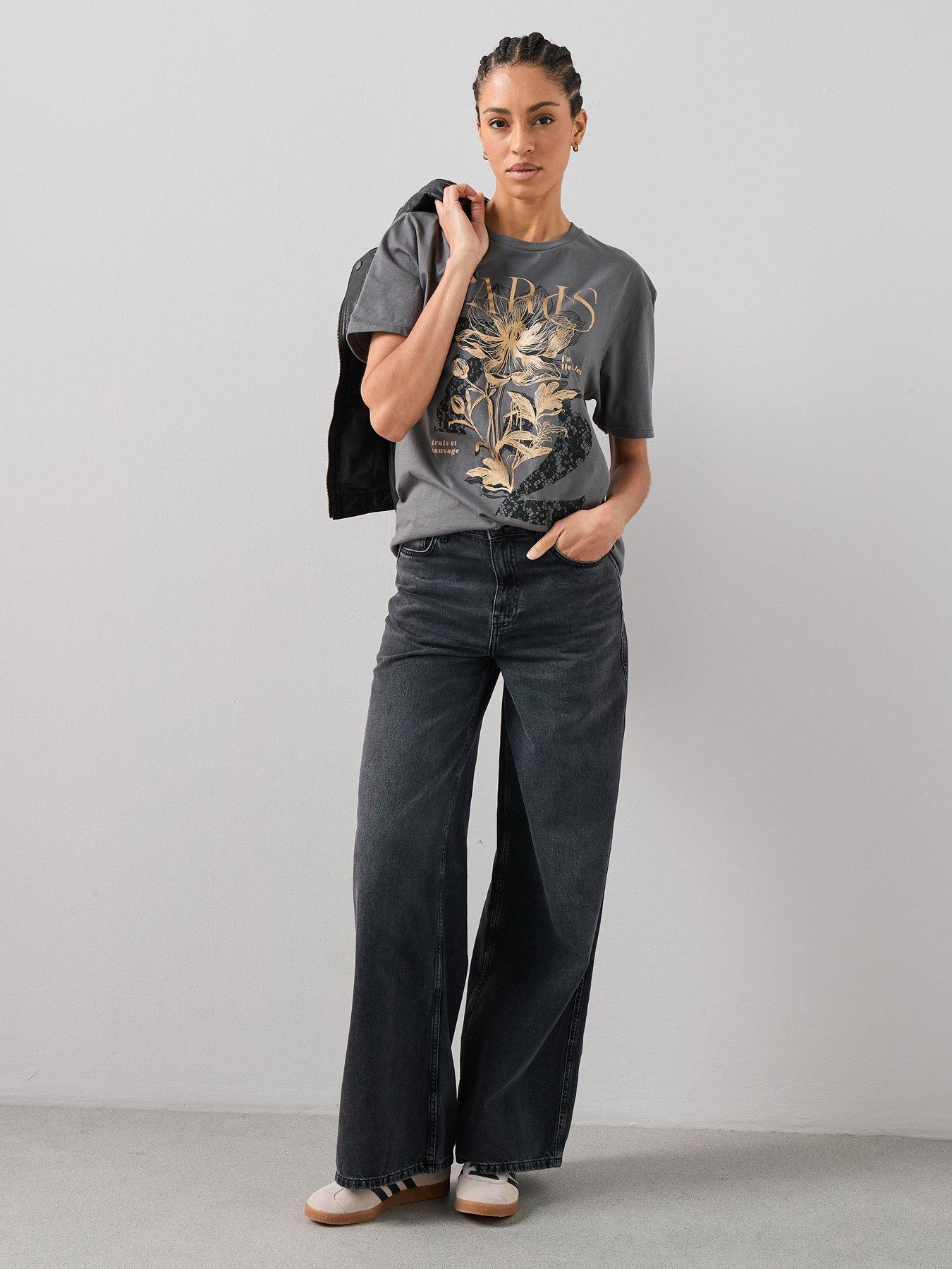 Image 3 of 6 of The Very Collection Paris Lace Print Oversized Graphic T-shirt - Grey
