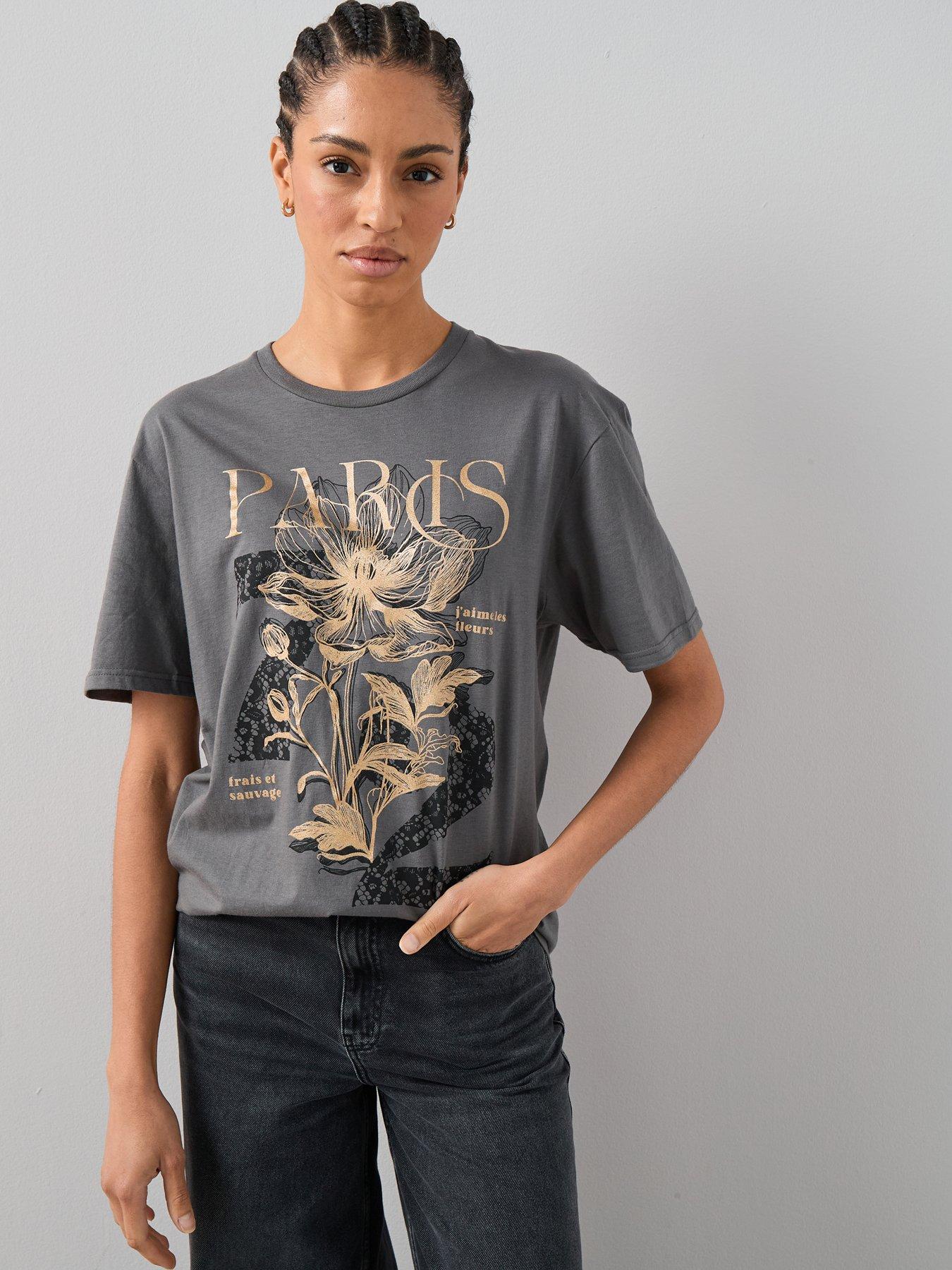 Image 4 of 6 of The Very Collection Paris Lace Print Oversized Graphic T-shirt - Grey