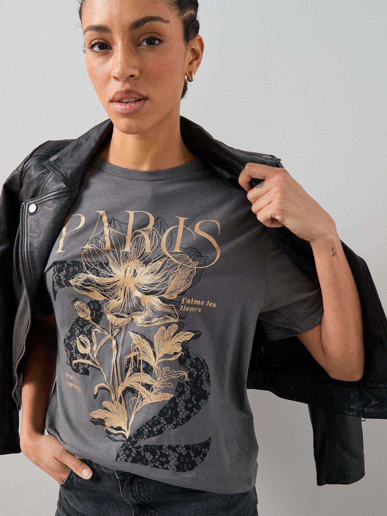 Image 5 of 6 of The Very Collection Paris Lace Print Oversized Graphic T-shirt - Grey