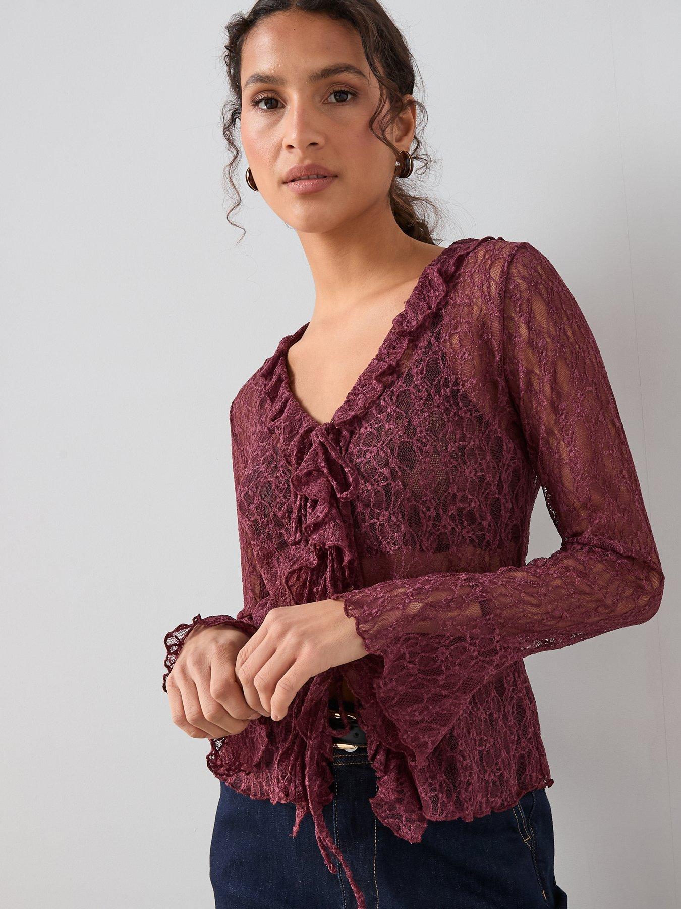 The Very Collection Ruched Sheer Button Up Lace Top