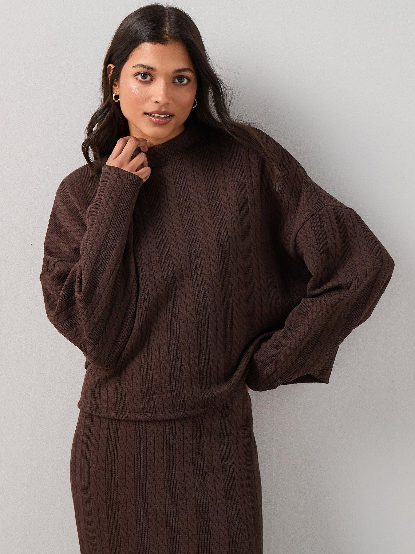 the-very-collection-cable-textured-long-sleeve-roll-neck-top-co-ord-brownfront
