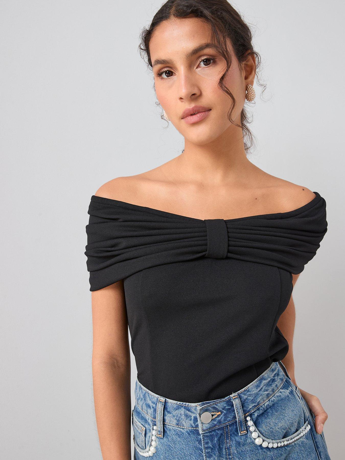 the-very-collection-bardot-bow-fitted-top-black