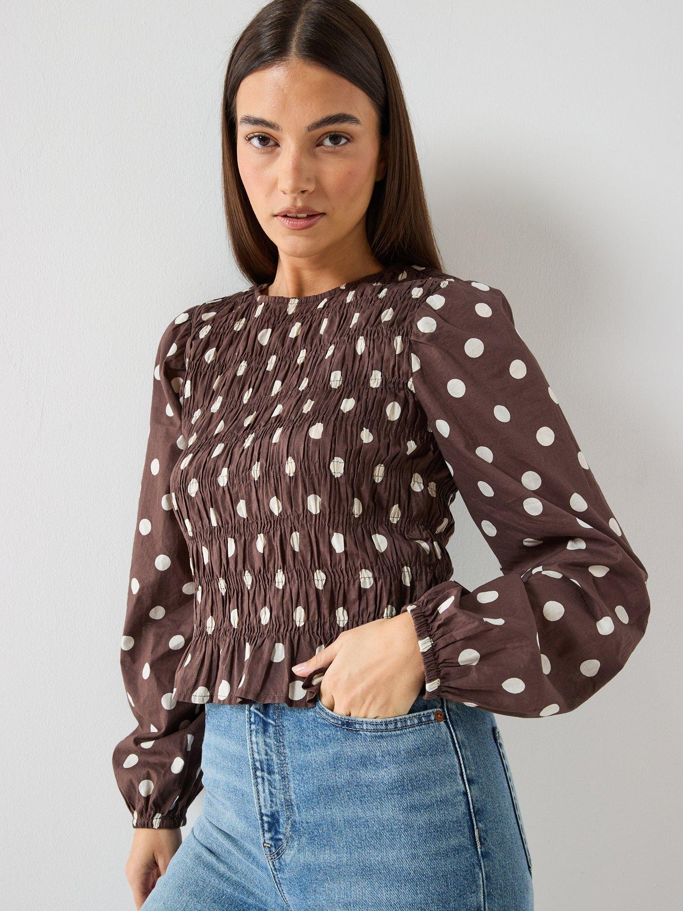 Vero Moda Polka Dot Long Sleeve Shirred Top - Brown