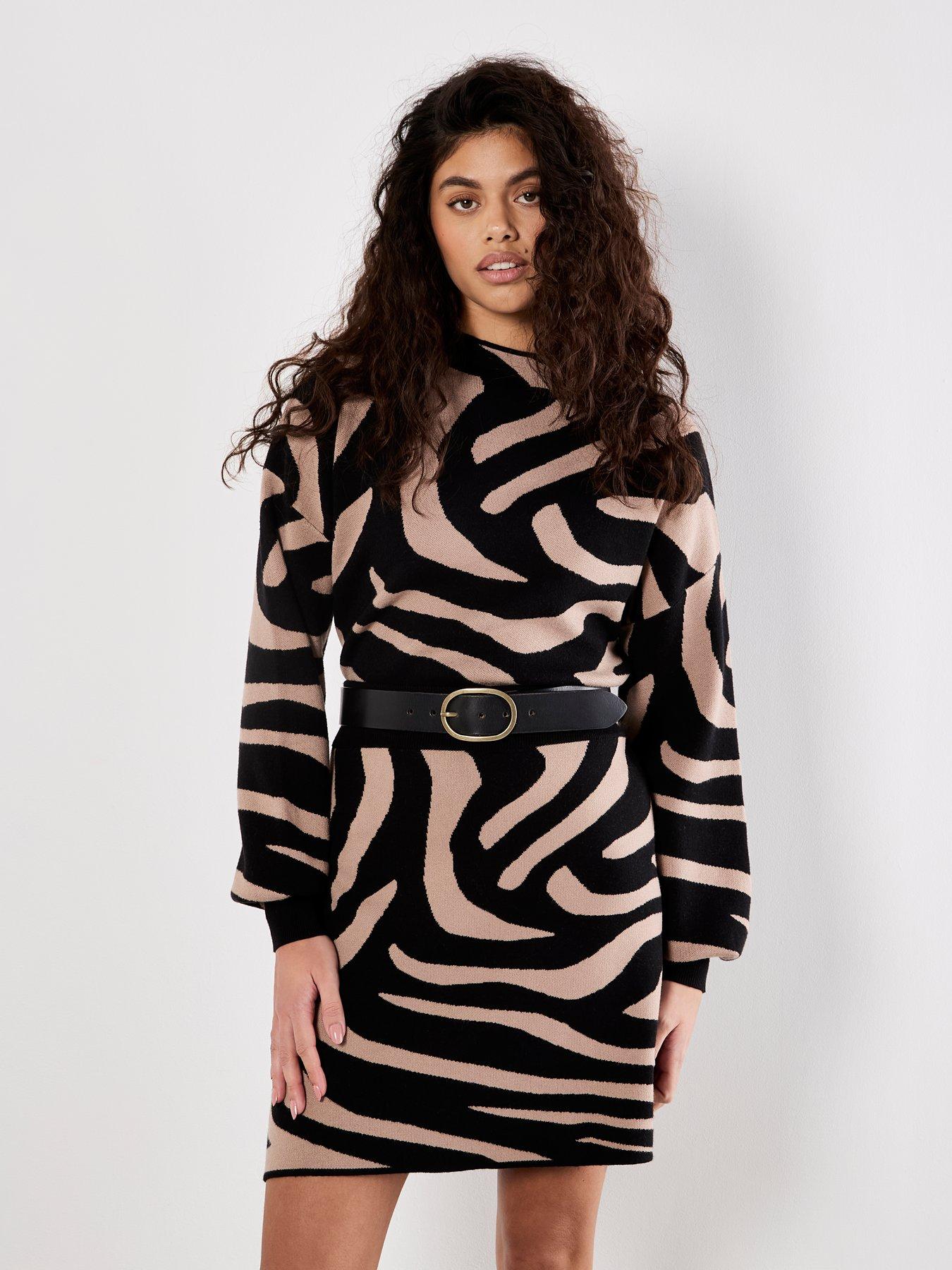 Image 1 of 4 of Apricot Zebra Jacquard Aline Knit Skirt - Black