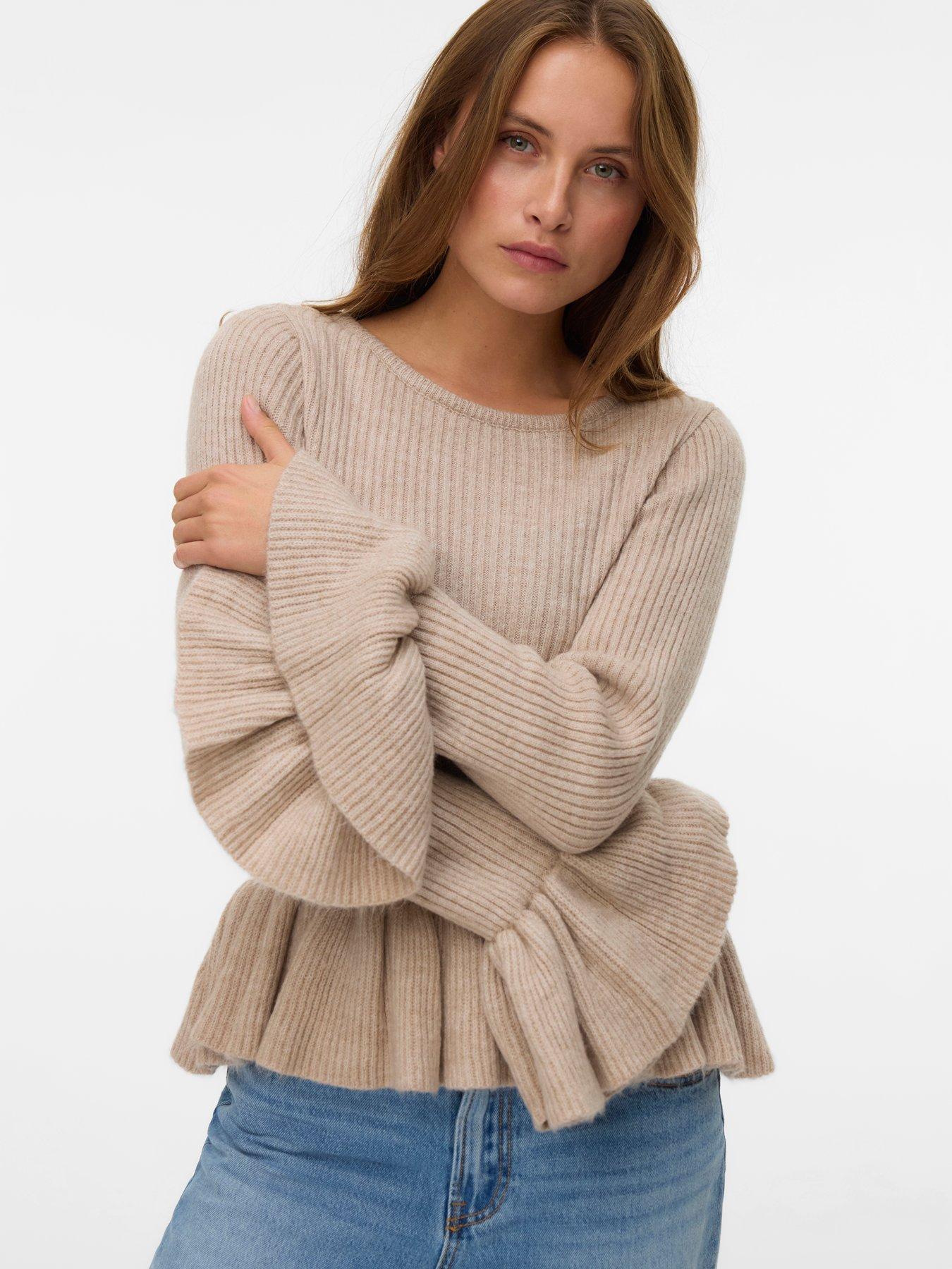 Image 1 of 5 of Vero Moda Georgia Long Flared Ruffle Sleeve Knitted Top - Beige