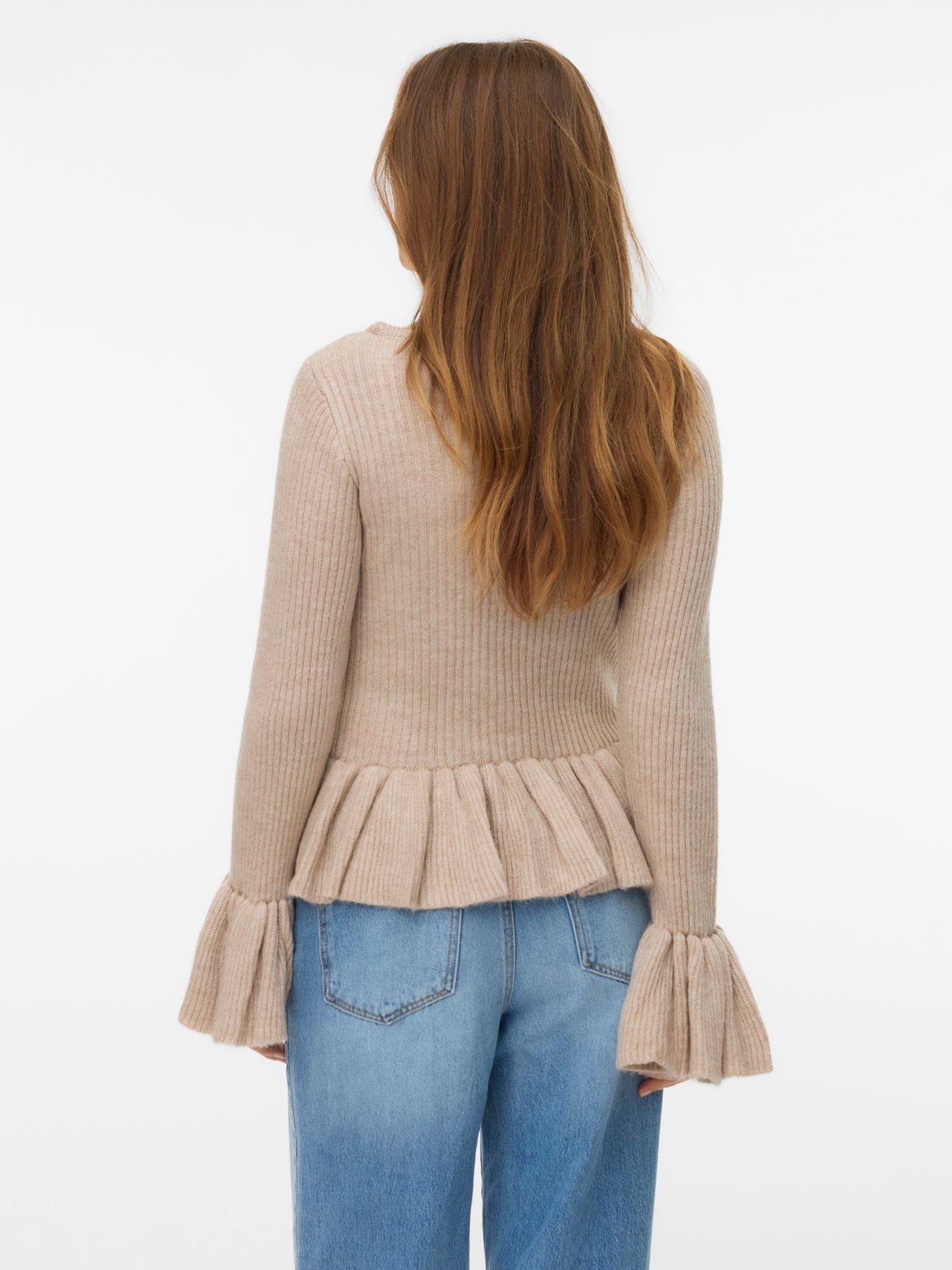 Image 2 of 5 of Vero Moda Georgia Long Flared Ruffle Sleeve Knitted Top - Beige