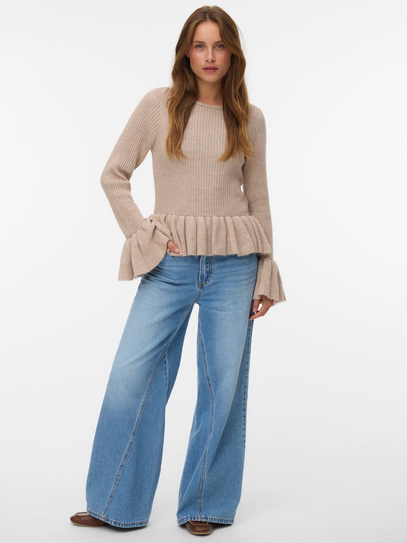 Image 3 of 5 of Vero Moda Georgia Long Flared Ruffle Sleeve Knitted Top - Beige