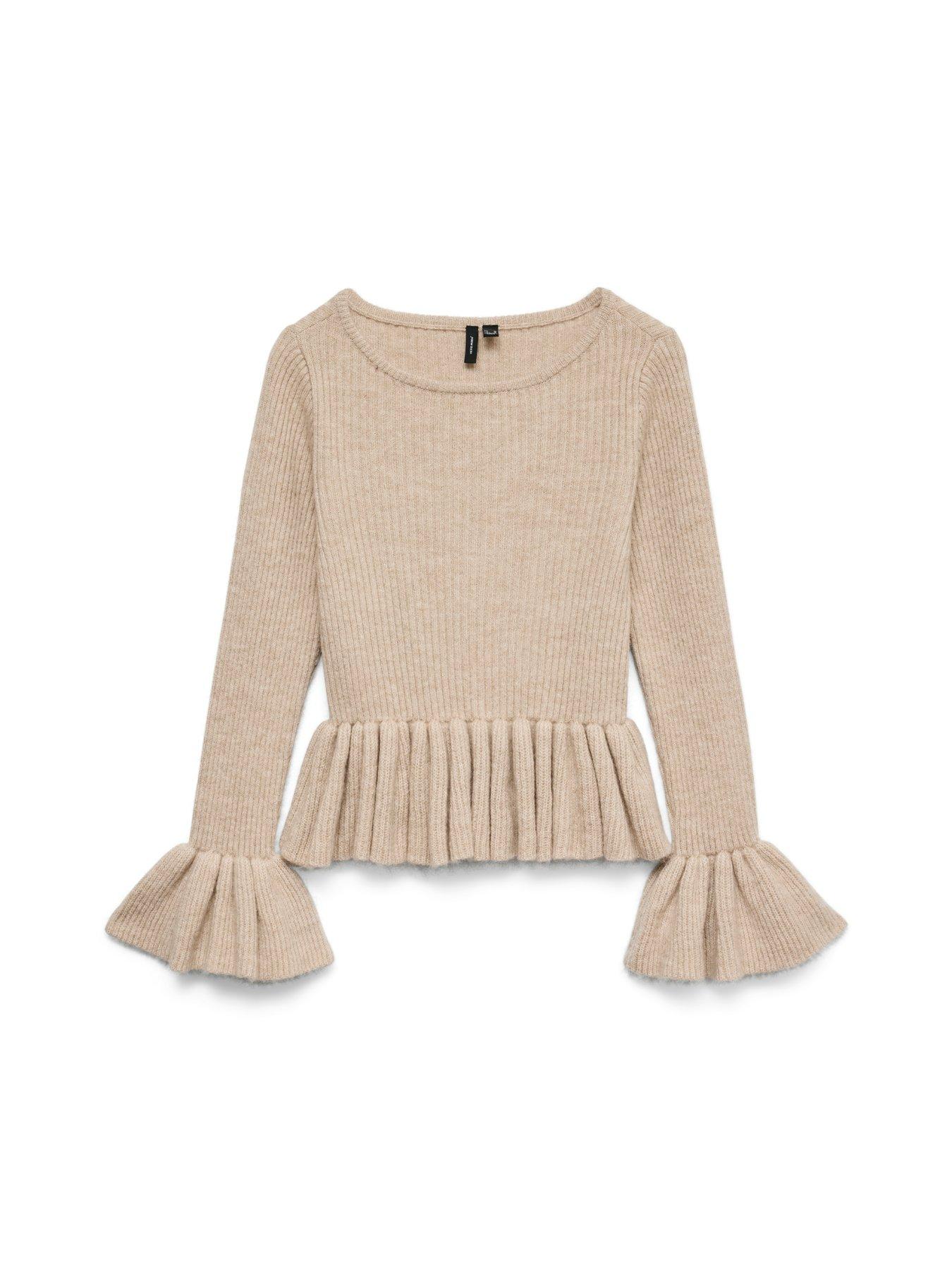 Image 4 of 5 of Vero Moda Georgia Long Flared Ruffle Sleeve Knitted Top - Beige