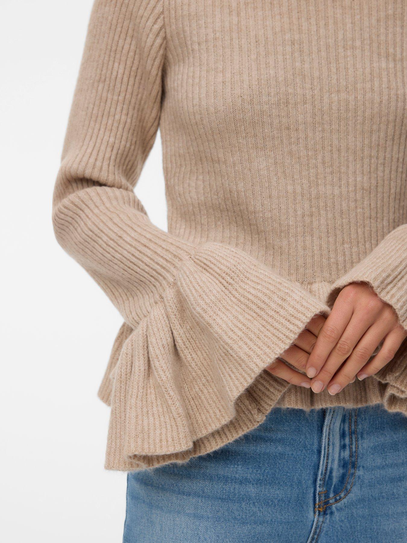Image 5 of 5 of Vero Moda Georgia Long Flared Ruffle Sleeve Knitted Top - Beige