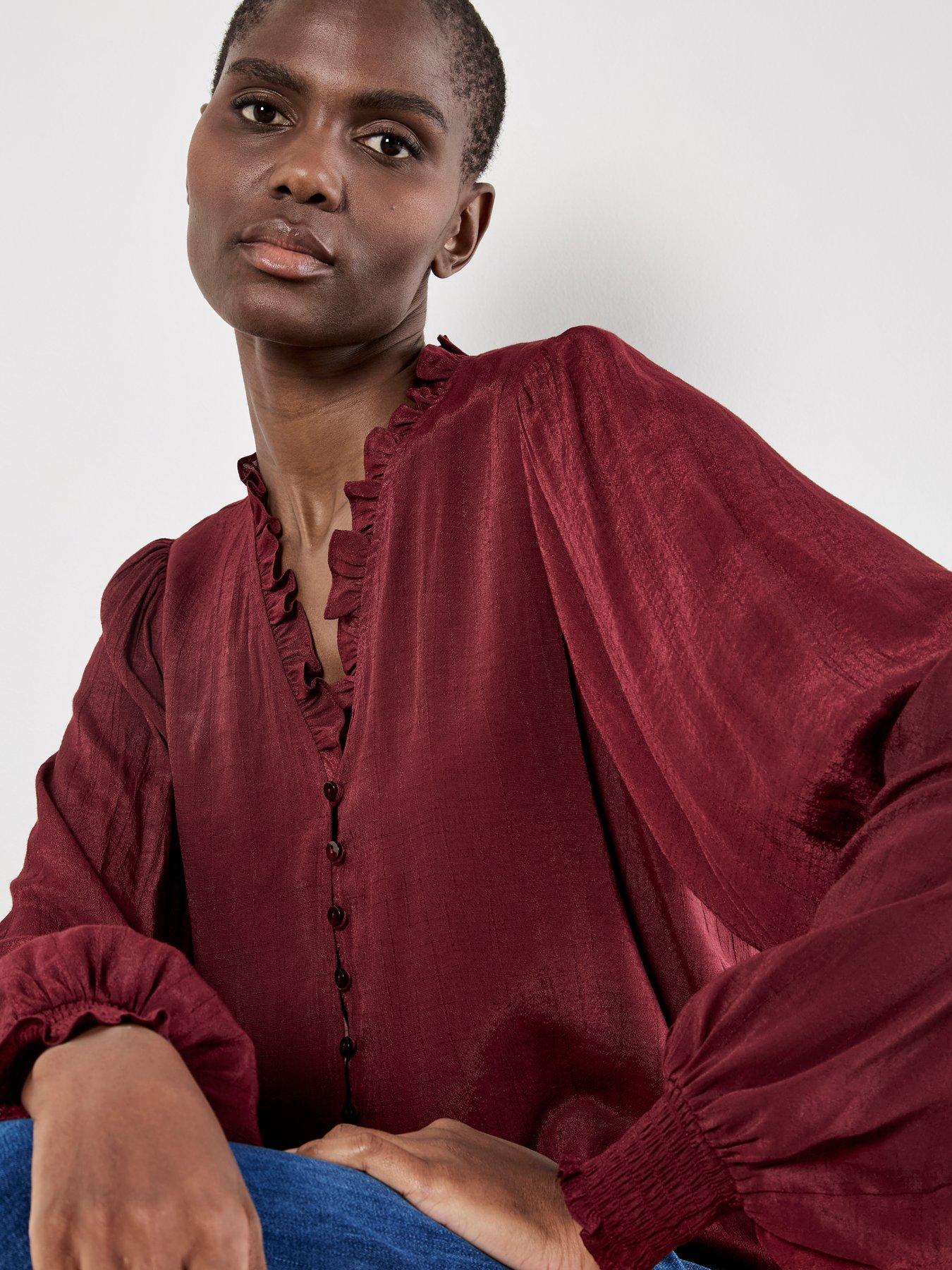 Image 1 of 4 of Apricot Ruffle Smock Cuff Boho Blouse - Red