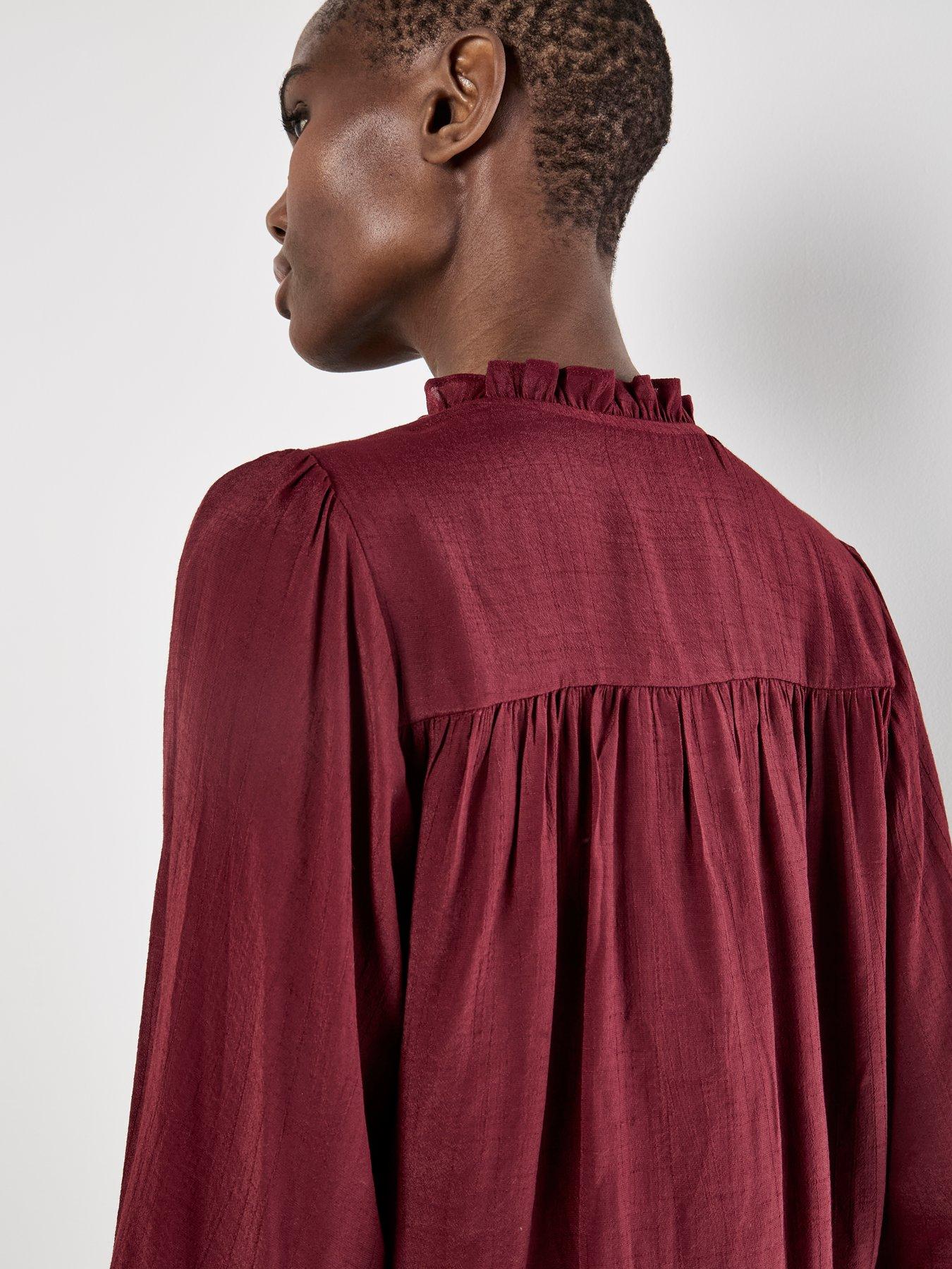 Image 2 of 4 of Apricot Ruffle Smock Cuff Boho Blouse - Red