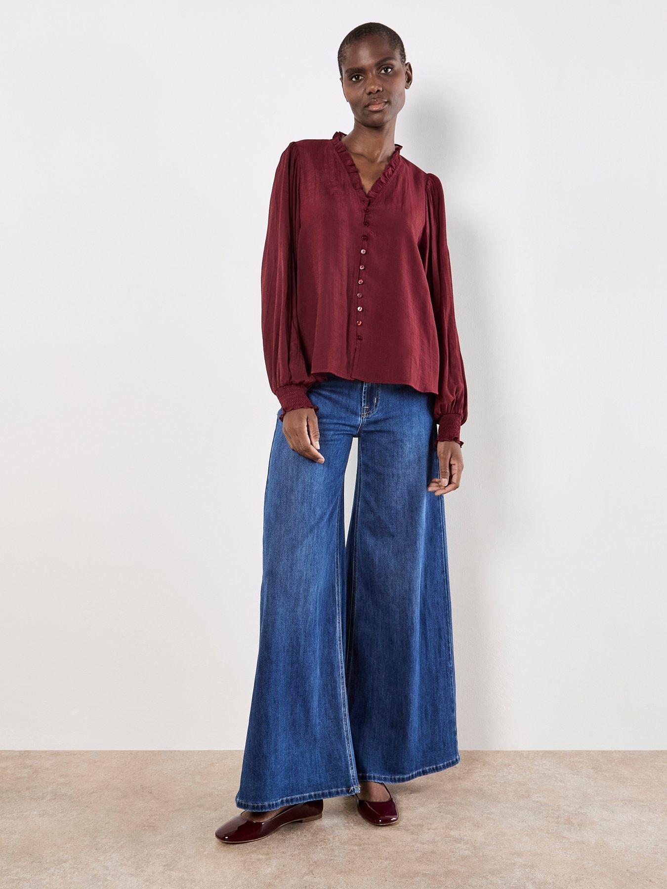 Image 3 of 4 of Apricot Ruffle Smock Cuff Boho Blouse - Red