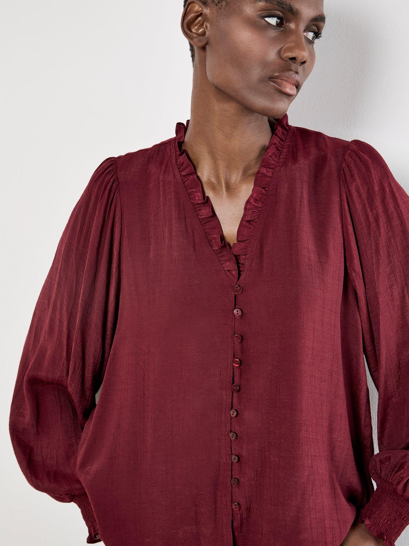 Image 4 of 4 of Apricot Ruffle Smock Cuff Boho Blouse - Red