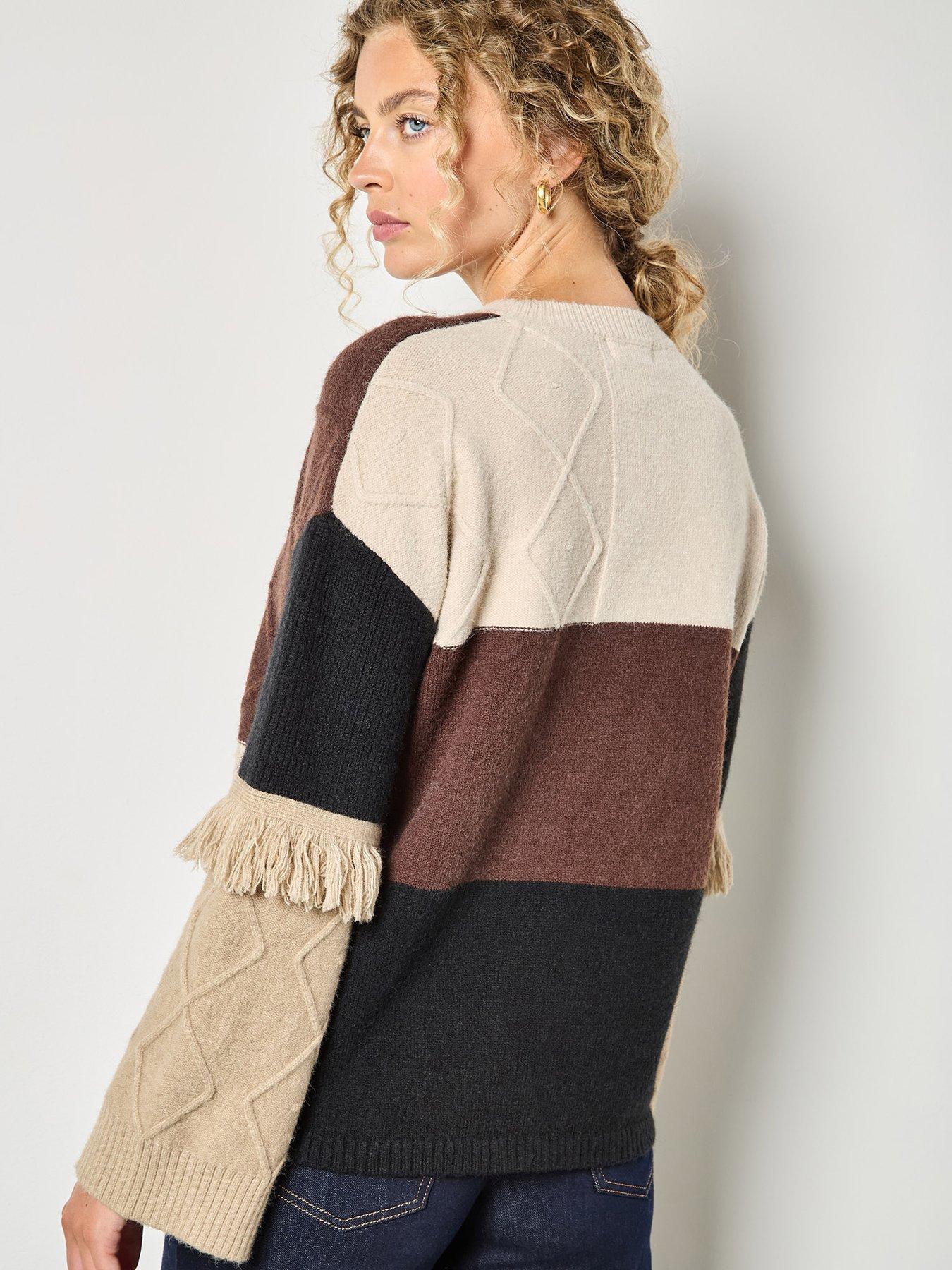 apricot-mixed-cable-patchwork-fringe-jumper-brown