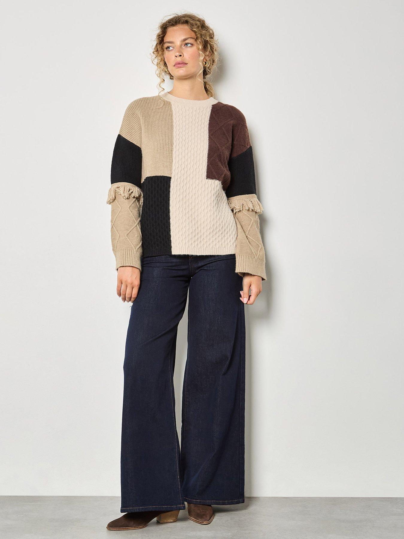 apricot-mixed-cable-patchwork-fringe-jumper-brownstillFront