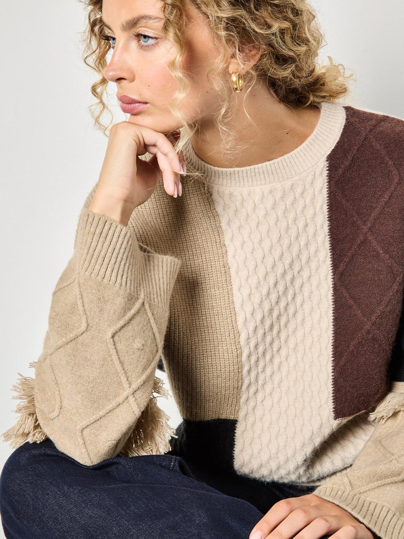 apricot-mixed-cable-patchwork-fringe-jumper-brownoutfit