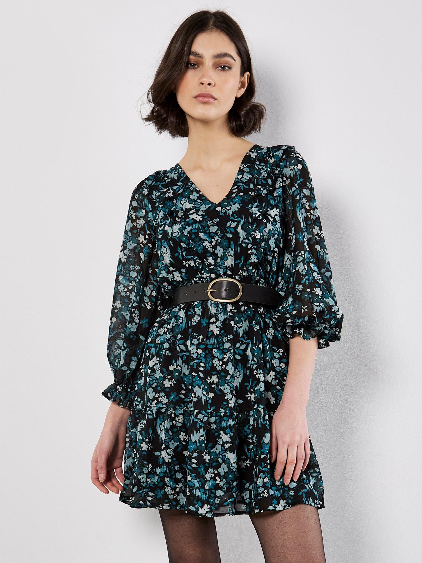 Apricot Ditsy Floral Ikat Ruffle Dress - Red