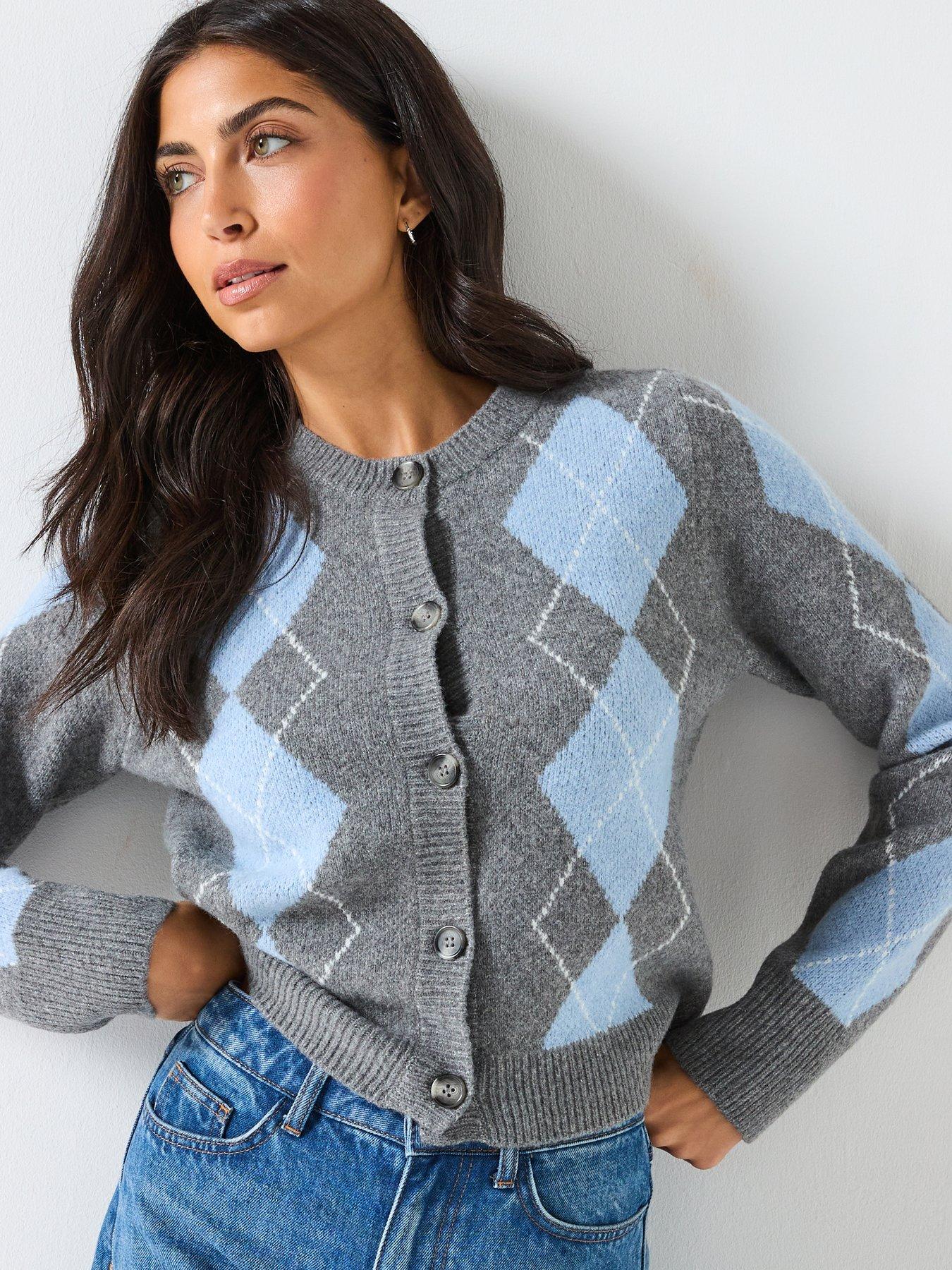 Only Only Argyle long Sleeve Button Cardigan - Grey