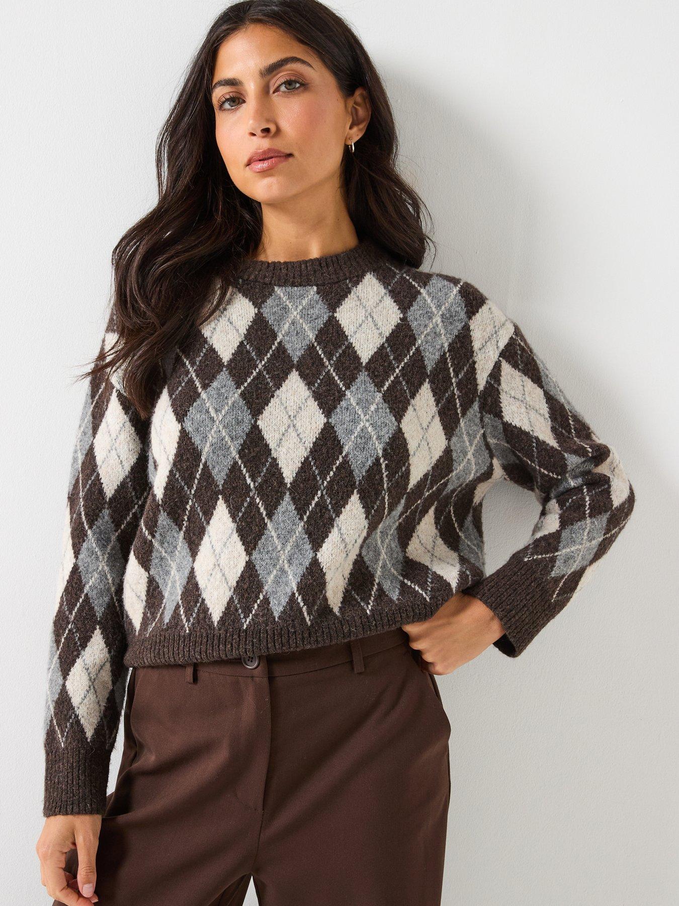 Image 1 of 6 of Only Only Argyle Long Sleeve Pullover - Grey