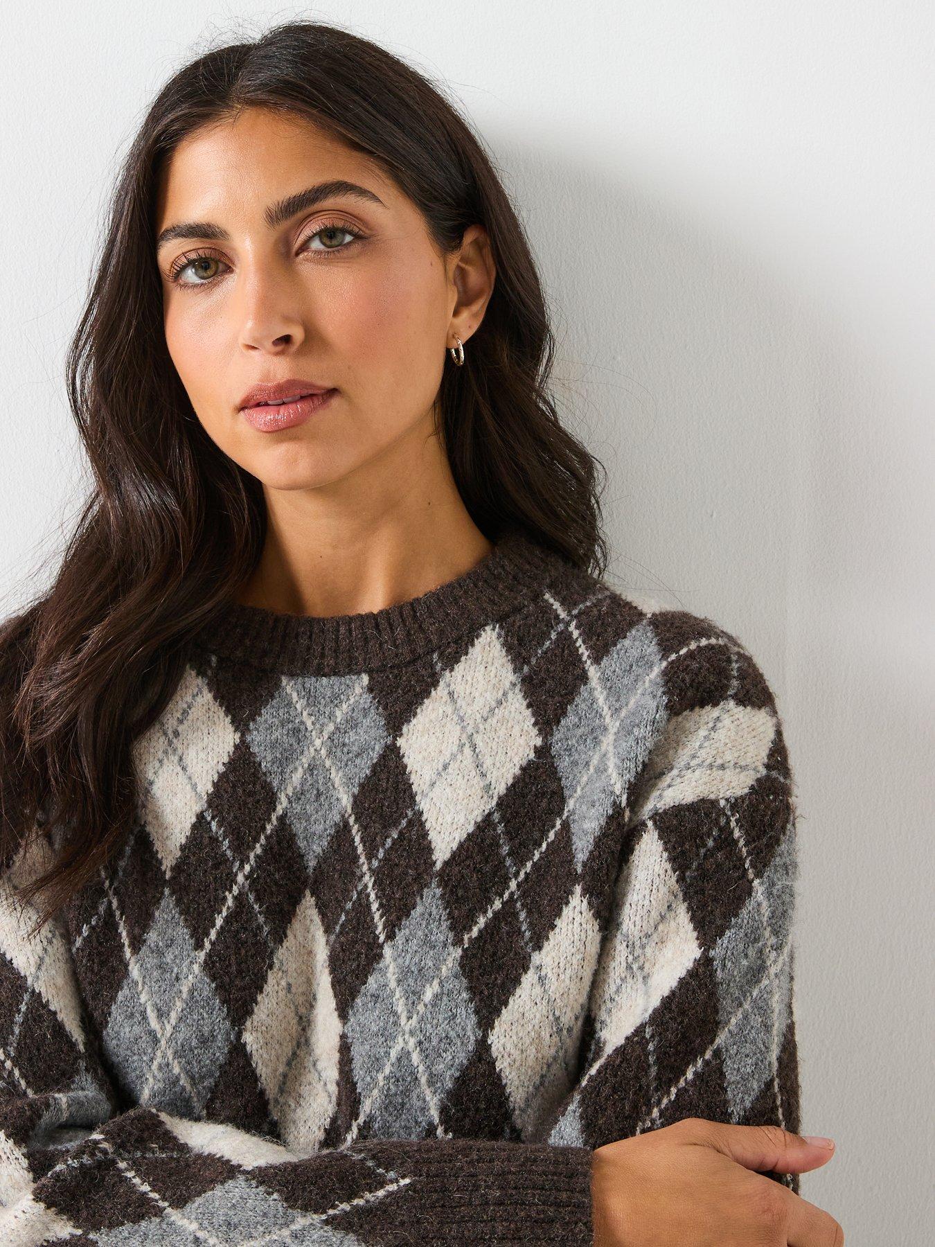 Image 4 of 6 of Only Only Argyle Long Sleeve Pullover - Grey