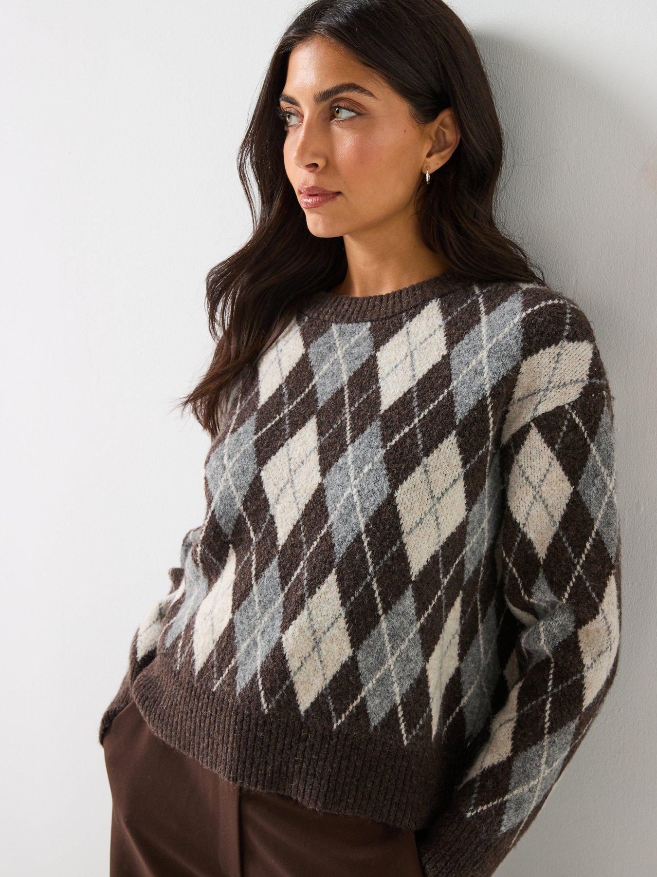 Image 6 of 6 of Only Only Argyle Long Sleeve Pullover - Grey