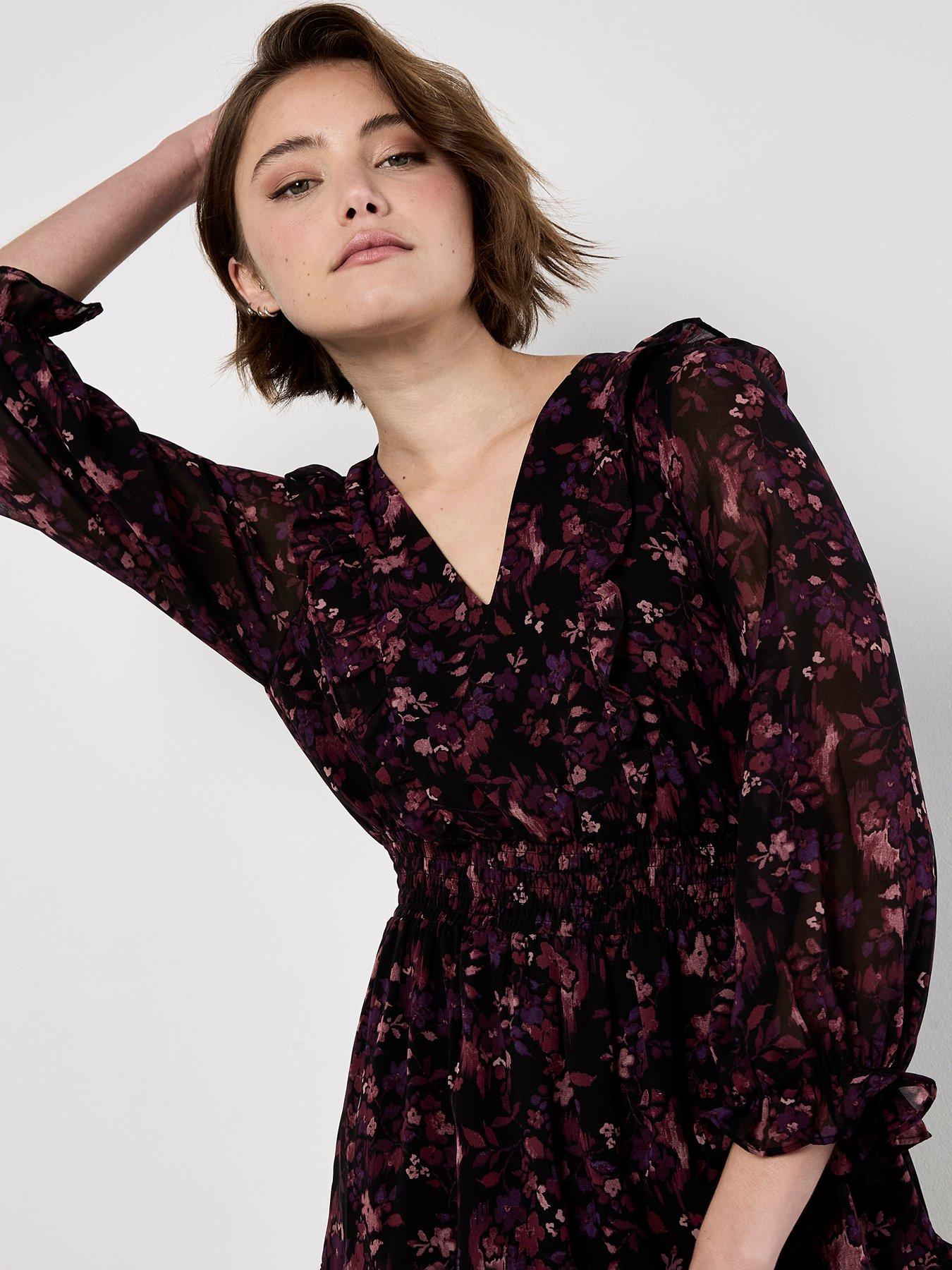 Apricot Ditsy Floral Ikat Ruffle Dress - Print